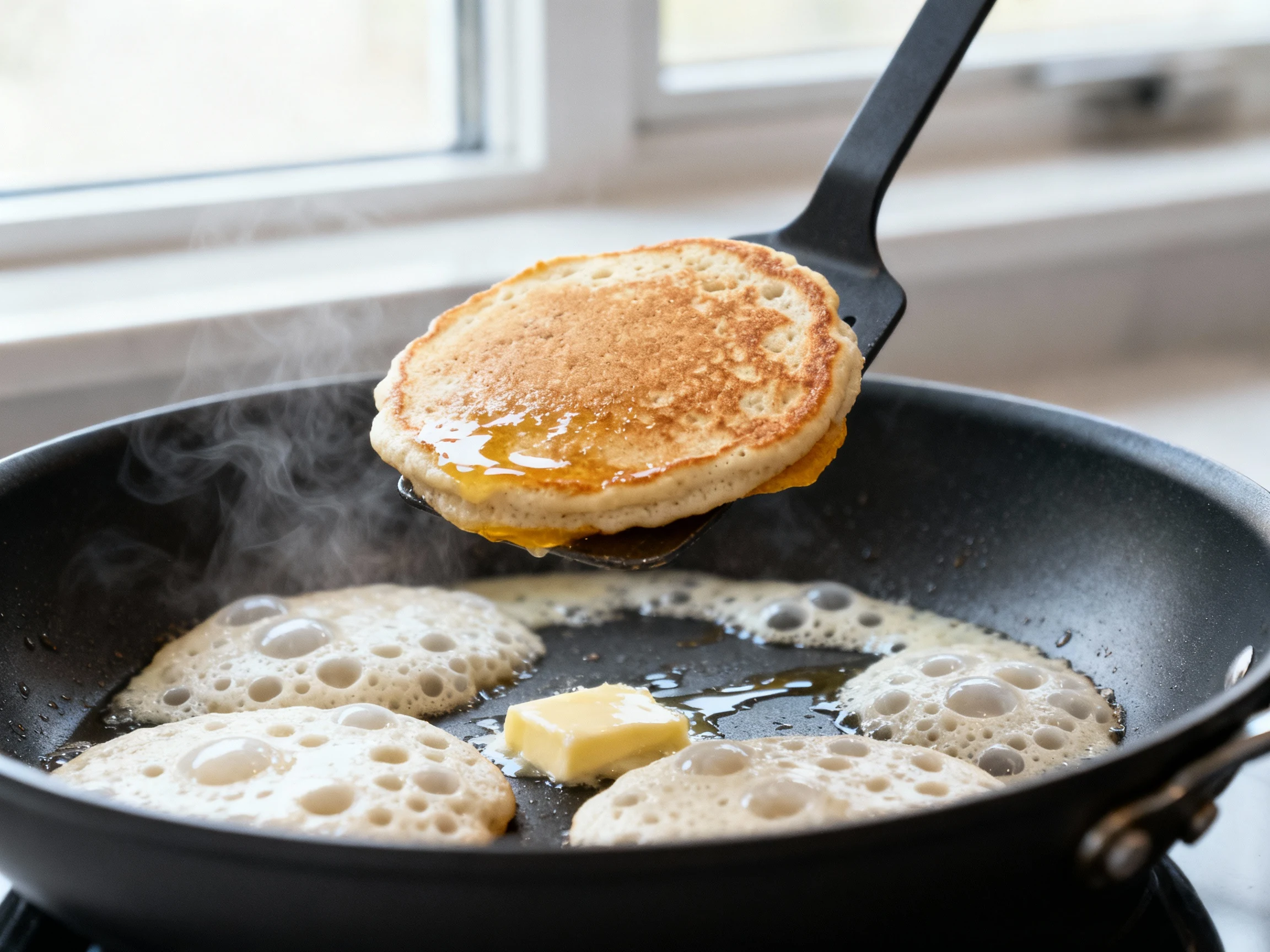 Food photography, Sourdough discard pancakes bubbling in a nonstick skillet, close-up of set edges and airy bubbles befo