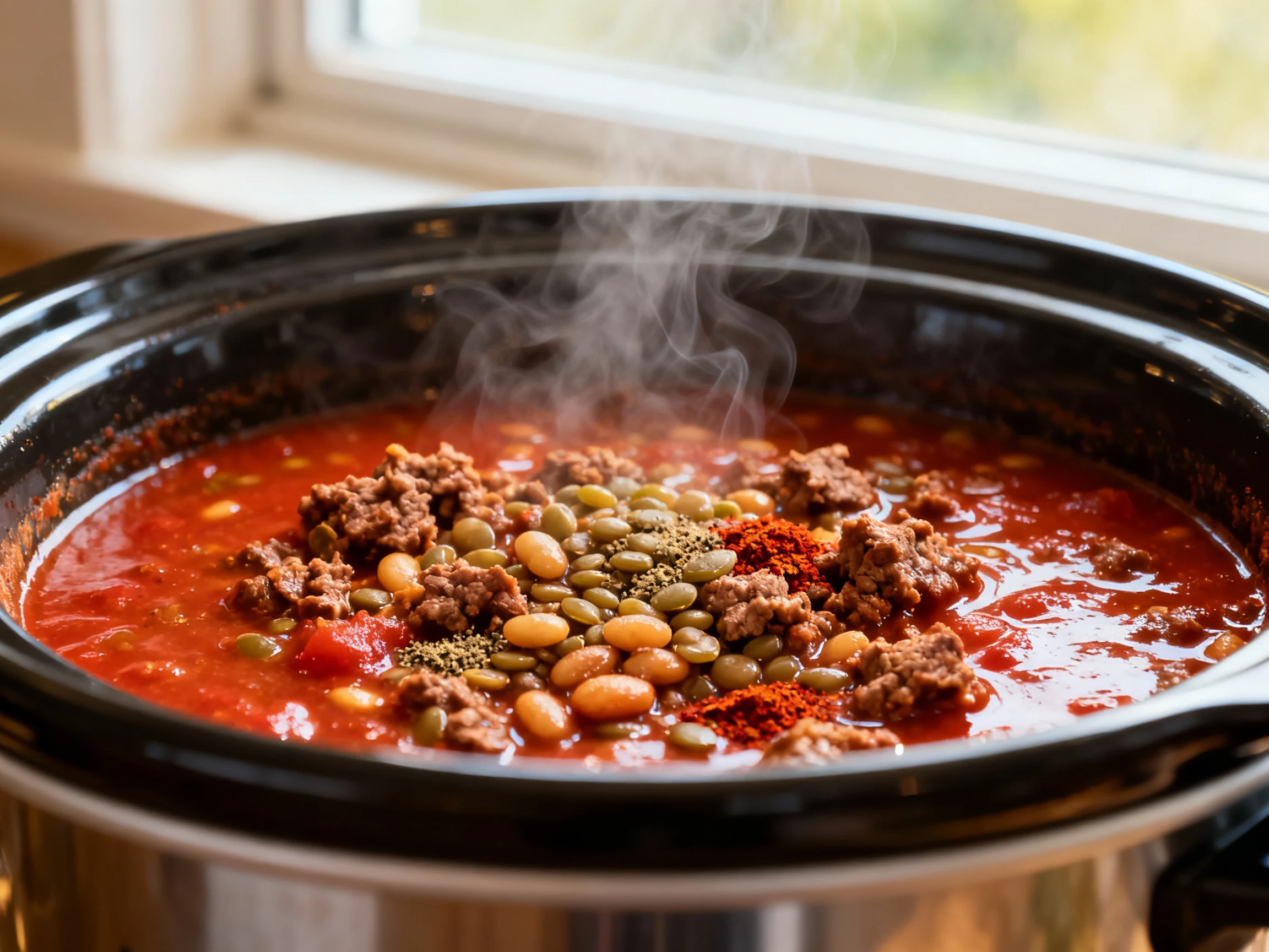 Food photography, Cooking process: Close-up of lean beef & lentil chili simmering in a slow cooker—thick, glossy tomato 