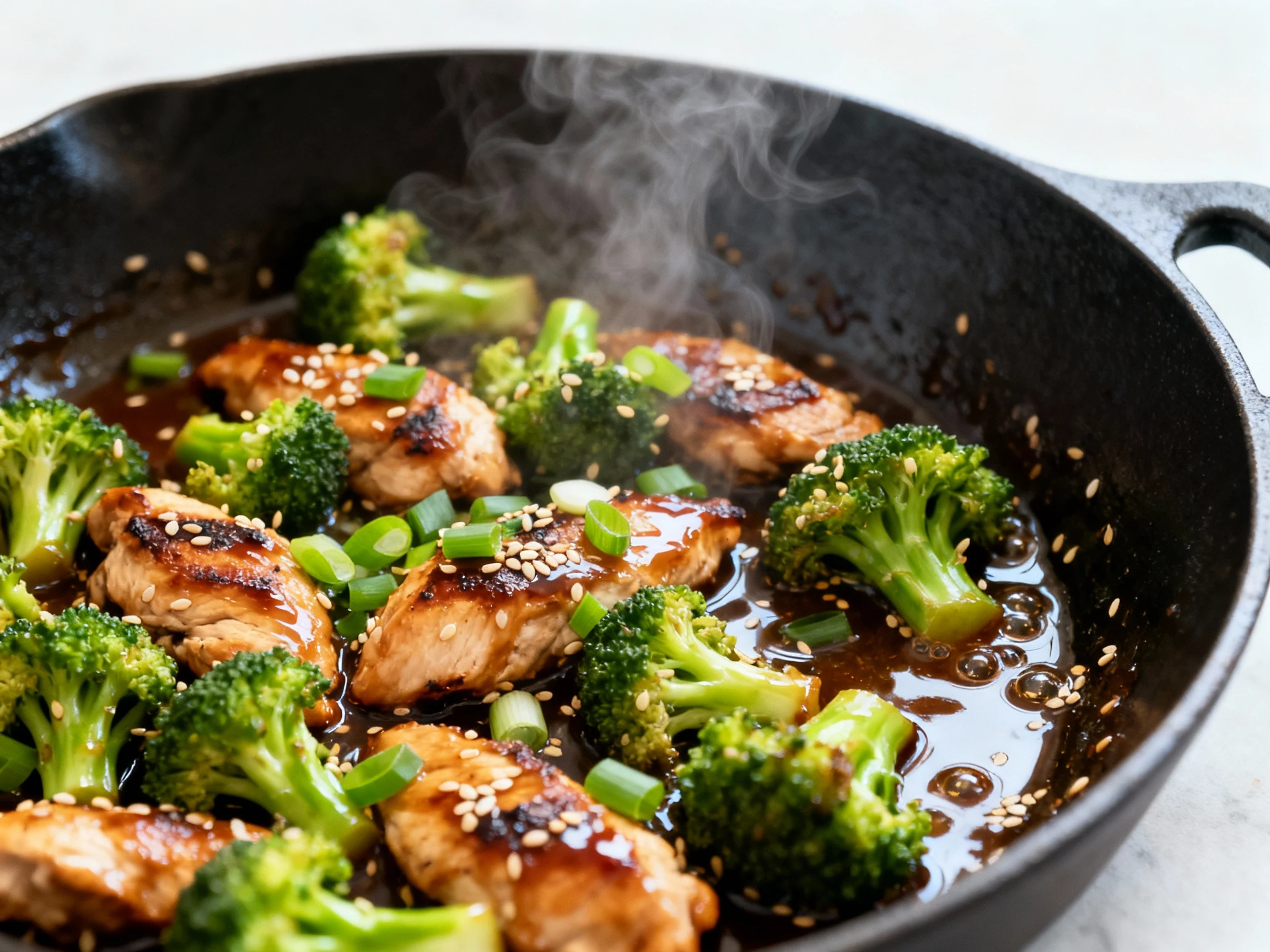 Food photography, 1. Cooking process: Teriyaki chicken & broccoli sizzling in a large black skillet, sauce bubbling and 