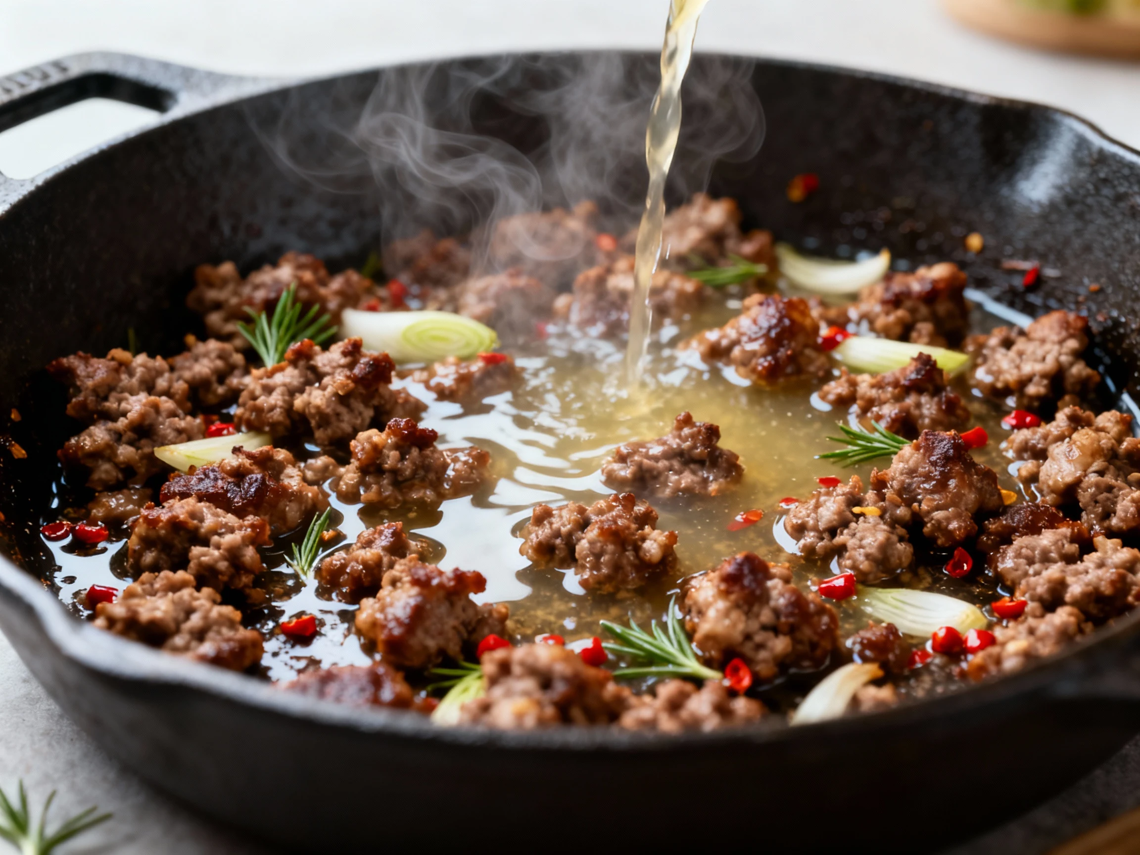 Food photography, Close-up of deeply browned Italian sausage crumbles sizzling in a cast-iron skillet, glossy fond degla