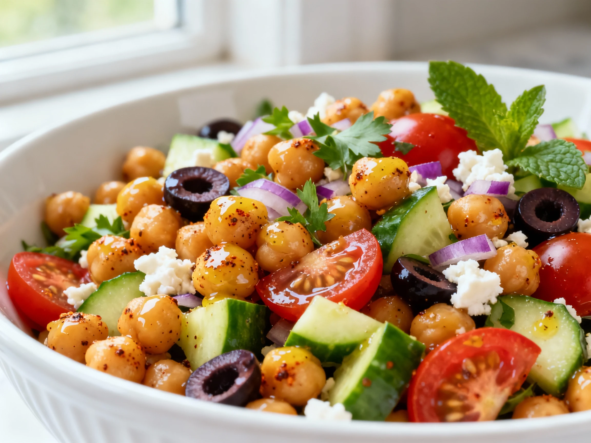 Food photography, 1. Close-up detail: Close-up of freshly tossed chickpea salad—chickpeas coated in glossy lemon–Dijon d