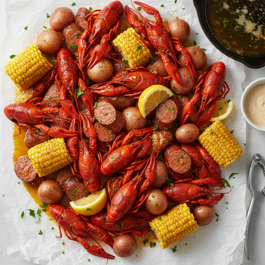 Food photography, Overhead shot of the finished Cajun Butter Boil: bright-red crawfish, halved corn cobs, baby red potat