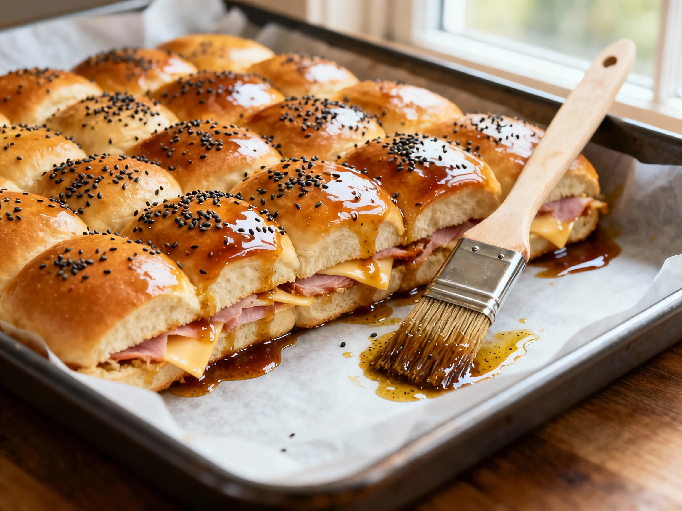 Food photography, Ham-and-Swiss Hawaiian roll slab in a lined 9x13 pan, glossy tops being brushed with butter-Dijon-Worc