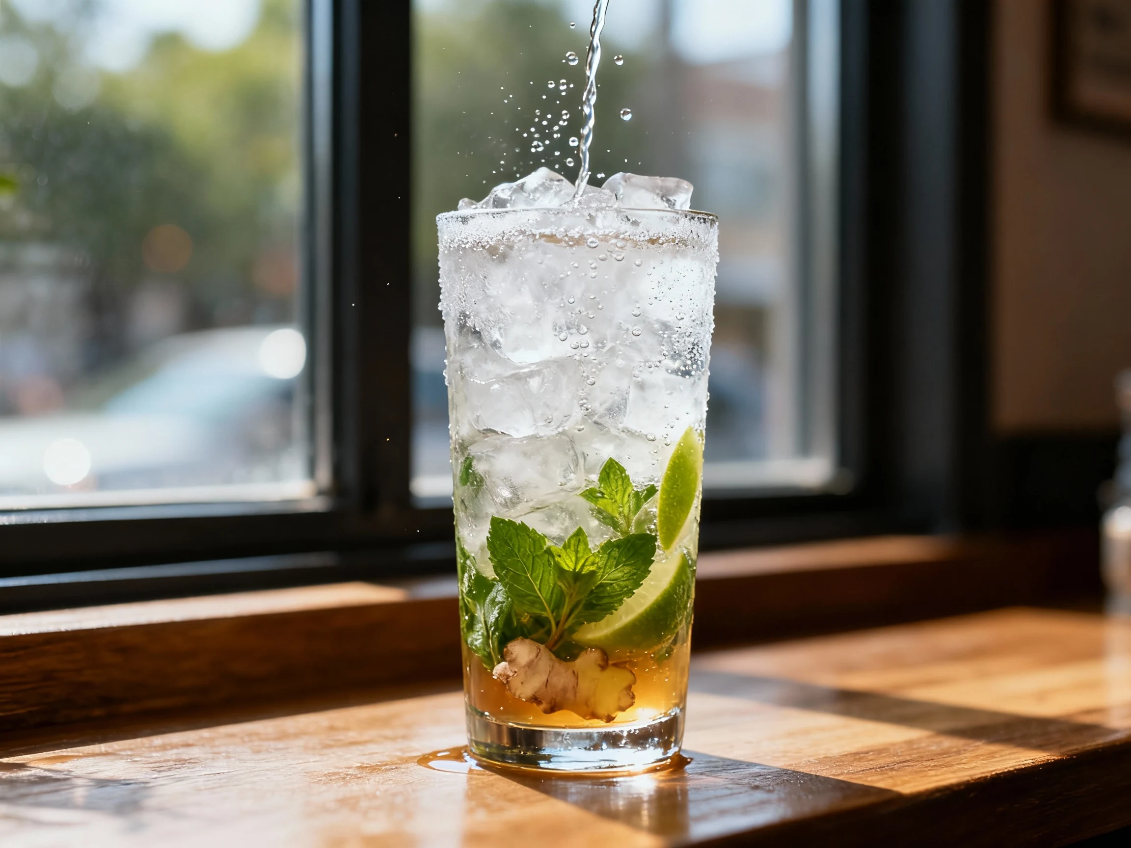 Food photography, Process shot: Ginger Mint Fizz mid-build—mint lightly muddled with syrup at the base, ginger juice and