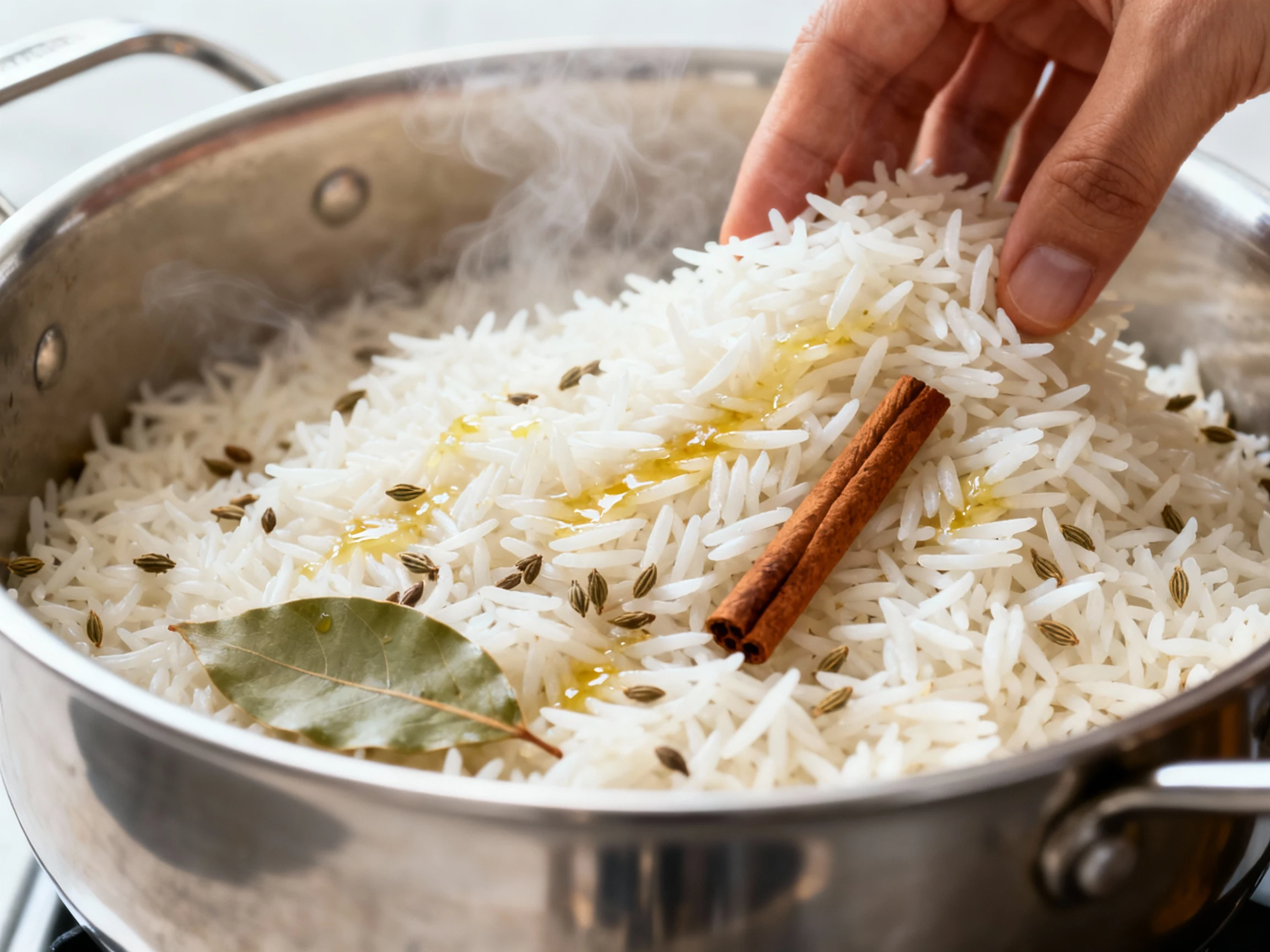 Food photography, Close-up of fluffy white basmati being gently fluffed in-pot after the 10-minute rest; long, separate 
