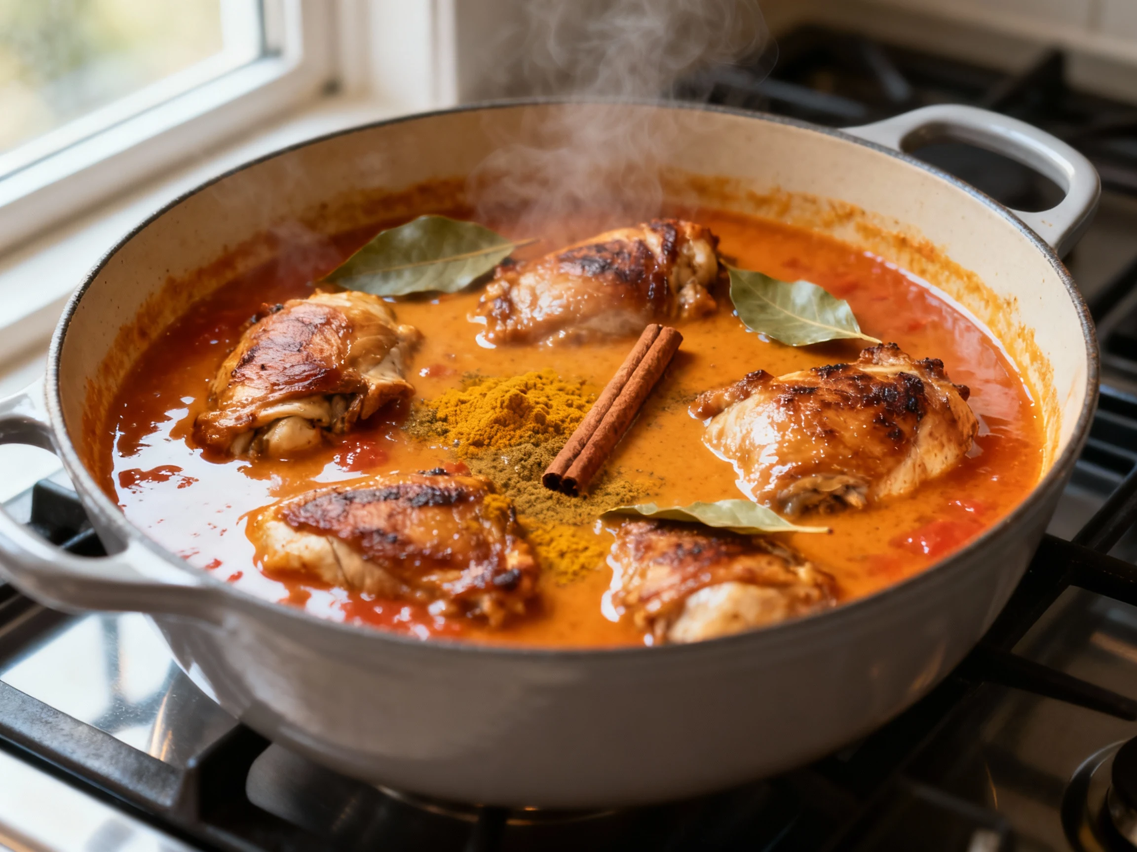 Food photography, Dutch oven shot of curry chicken simmering: browned thigh pieces in a glossy coconut milk–tomato sauce