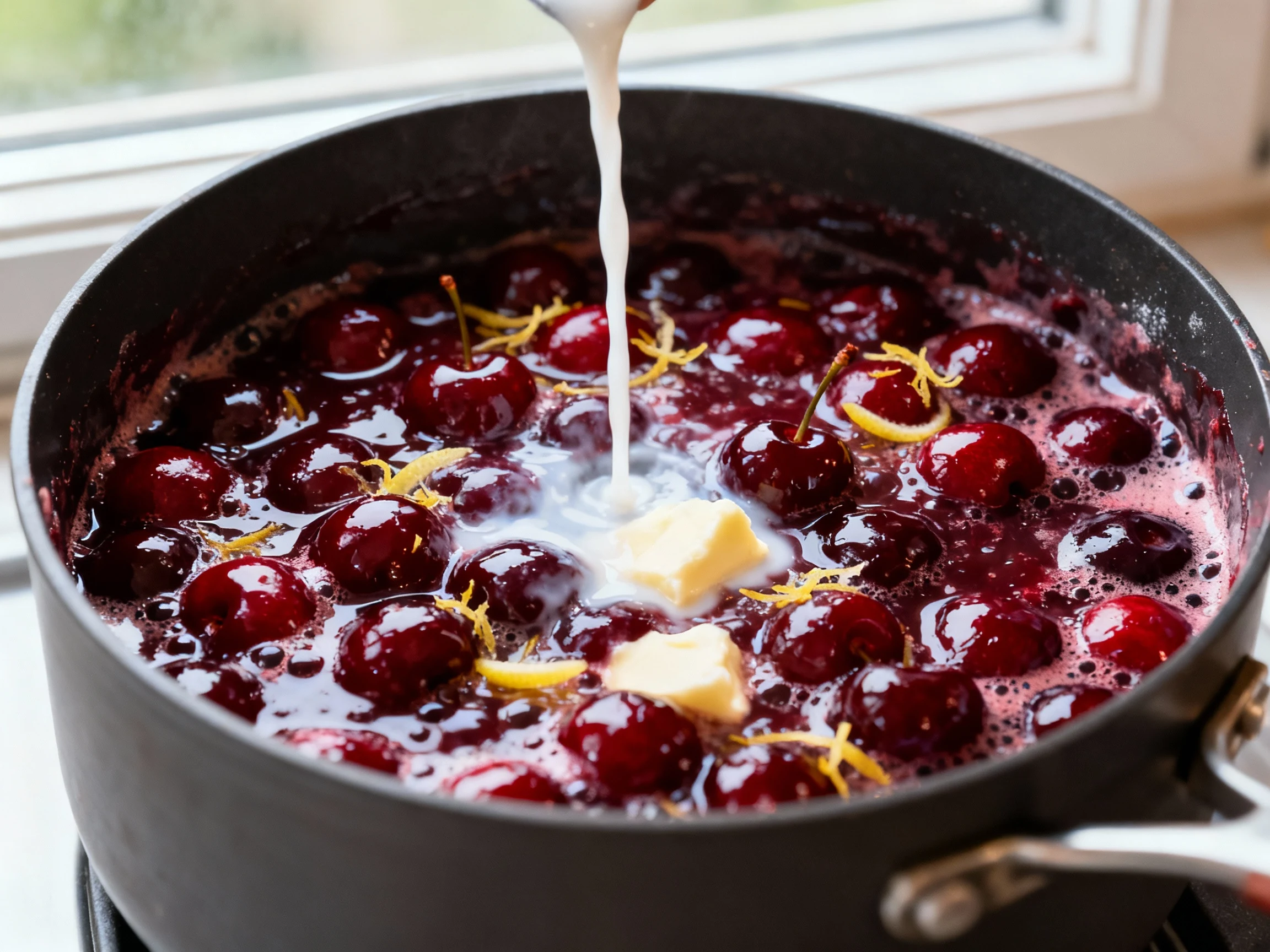 Food photography, Close-up of glossy, thickened cherry filling bubbling in a dark saucepan, cornstarch slurry streaming 