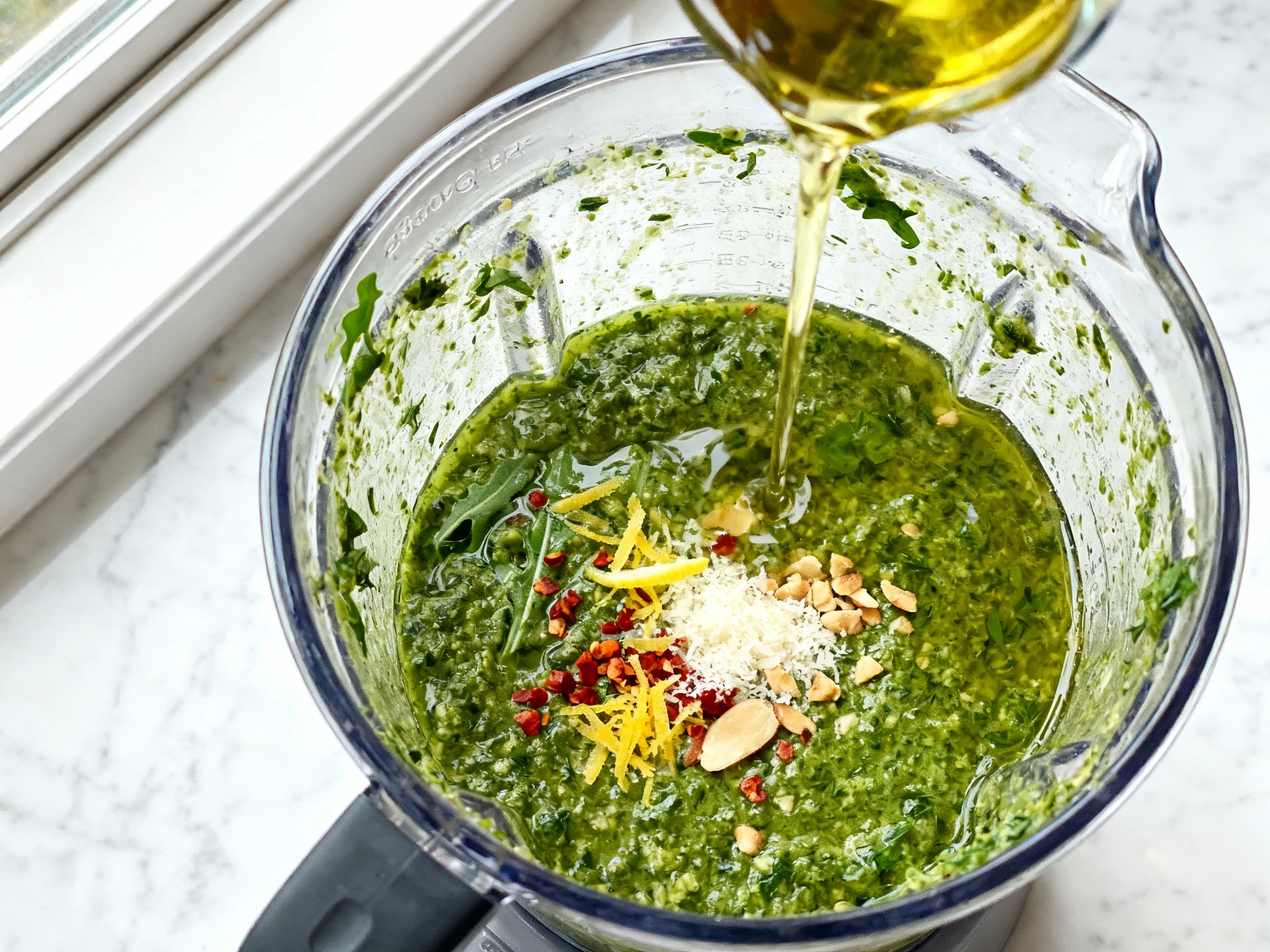 Food photography, Cooking process: Overhead shot of a blender jar mid-emulsifying vibrant arugula pesto; thin stream of 