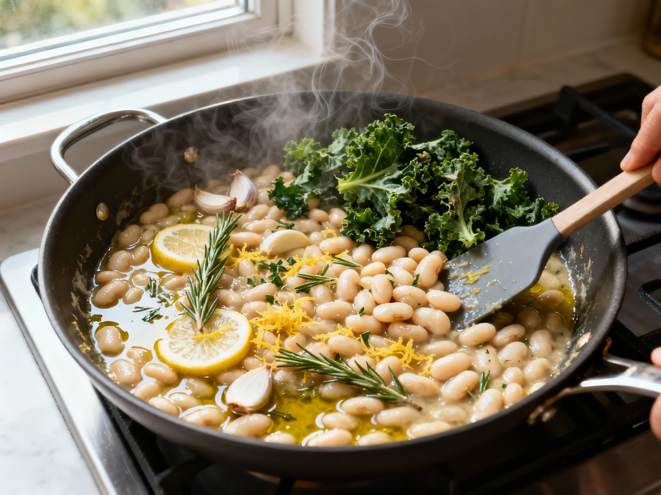 Food photography, Overhead cooking process shot: creamy white beans gently simmering in a skillet with lemon zest, slice