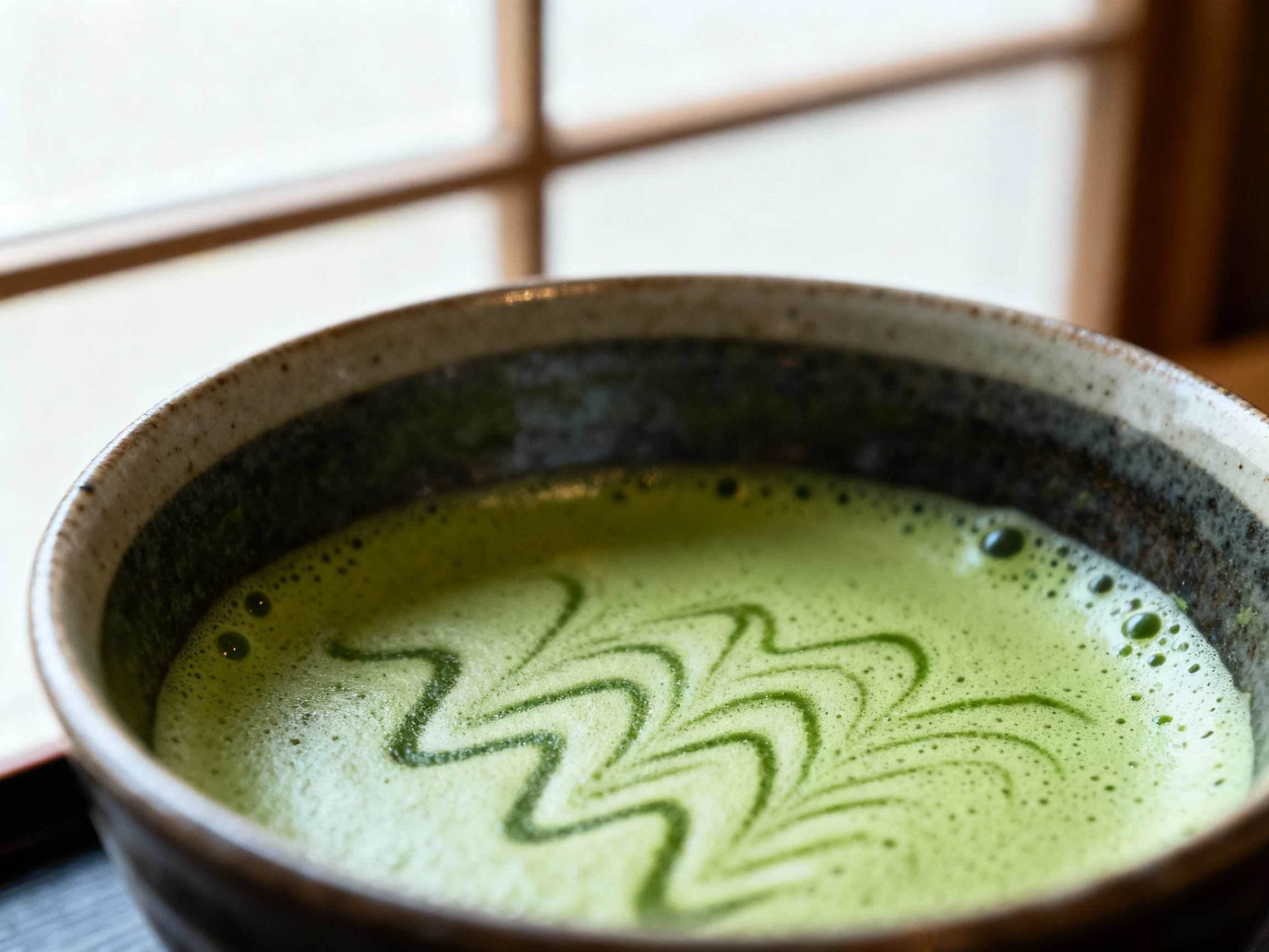 Food photography, 1. Close-up of frothy matcha base being whisked in a ceramic bowl—emerald microfoam, fine bubbles, zig