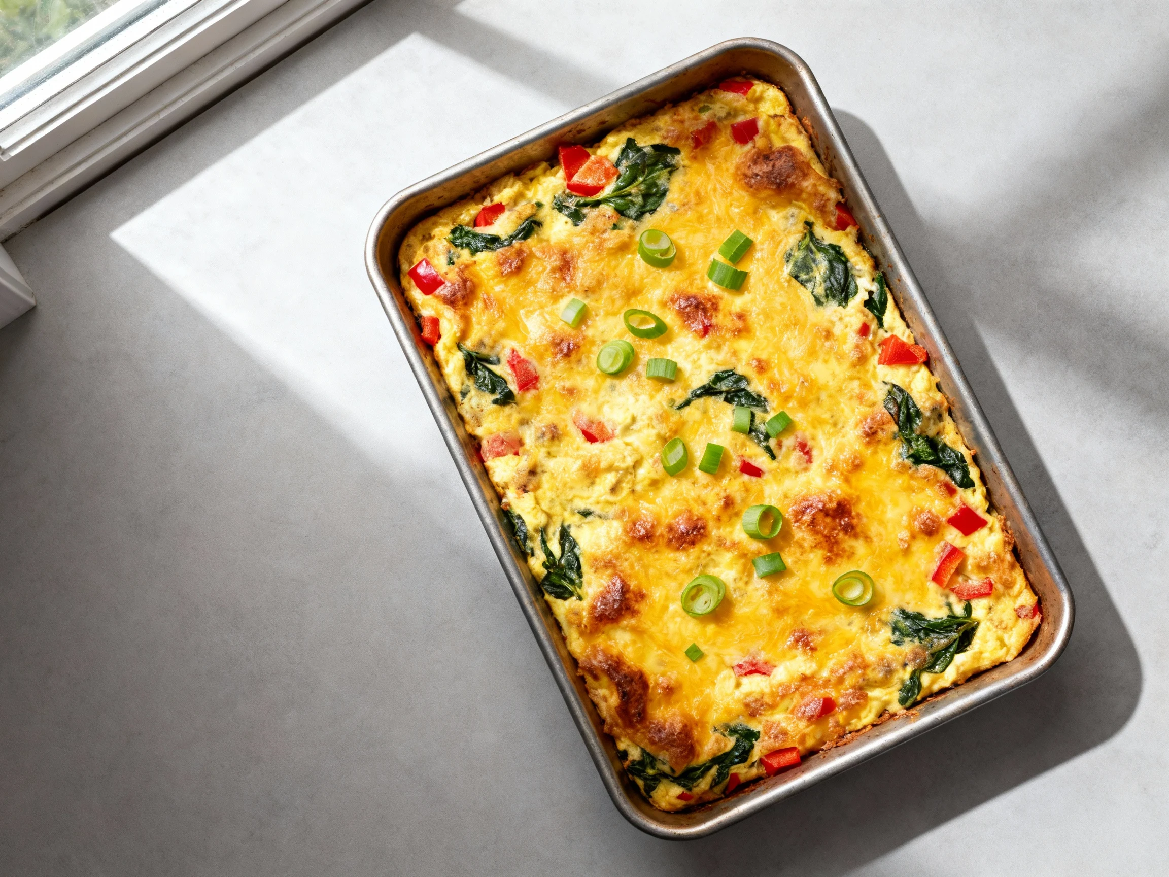 Food photography, Overhead shot of the baked breakfast casserole in a 9x13 pan, golden-brown bubbly cheddar with lightly