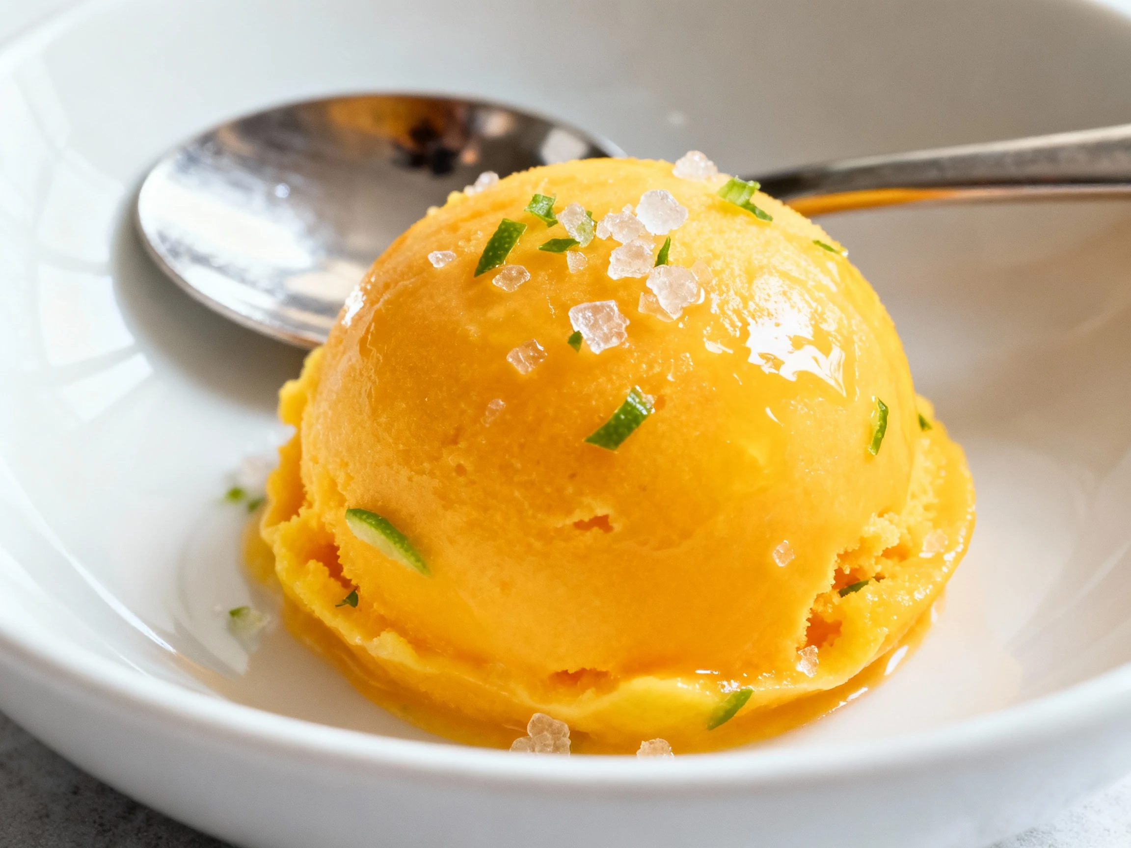 Food photography, Close-up of glossy mango-lime sorbet scoop with tiny crystals and lime zest flecks, chilled silver spo