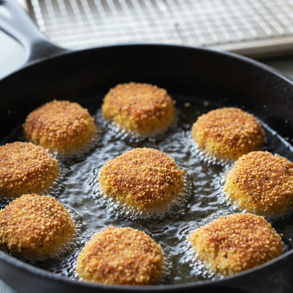 Food photography, 1. Close-up of cornbread-crusted crawfish bites sizzling in neutral oil (350–365°F) in a skillet; deep