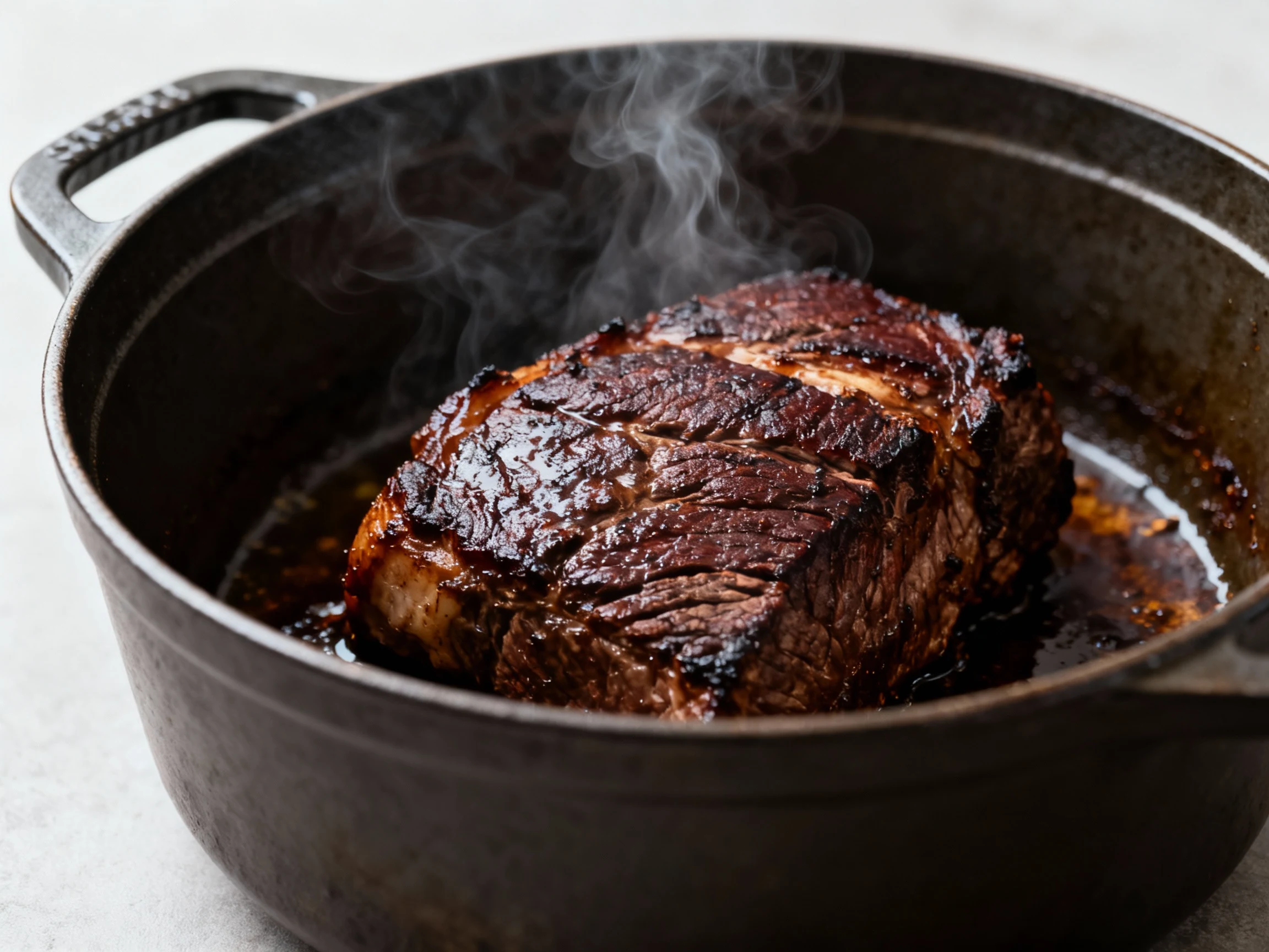 Food photography, Close-up of deeply seared beef chuck in a heavy Dutch oven, mahogany crust with sizzling fond and wisp