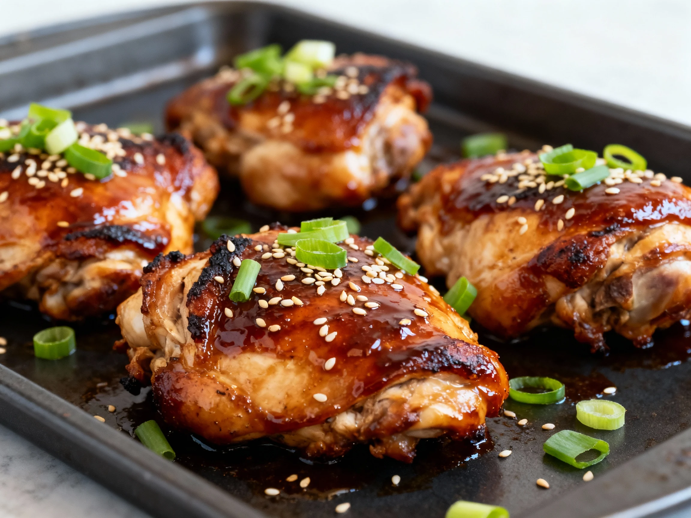 Food photography, Close-up of broiled honey–garlic slow cooker chicken thighs with caramelized edges and glossy mahogany