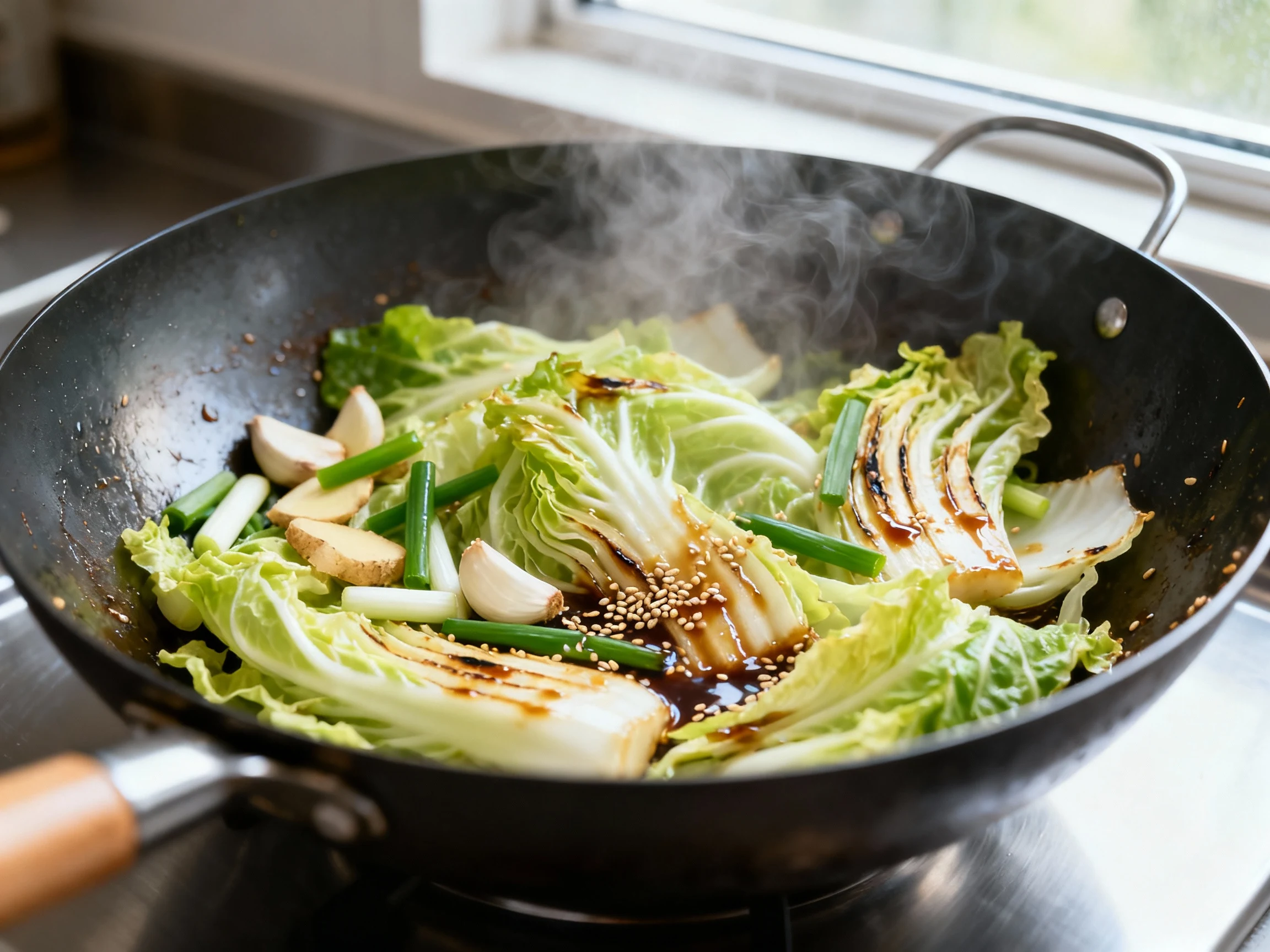 Food photography, Close-up cooking process: Napa cabbage stir-fry tossed in a smoking-hot wok—garlic, ginger, and scalli