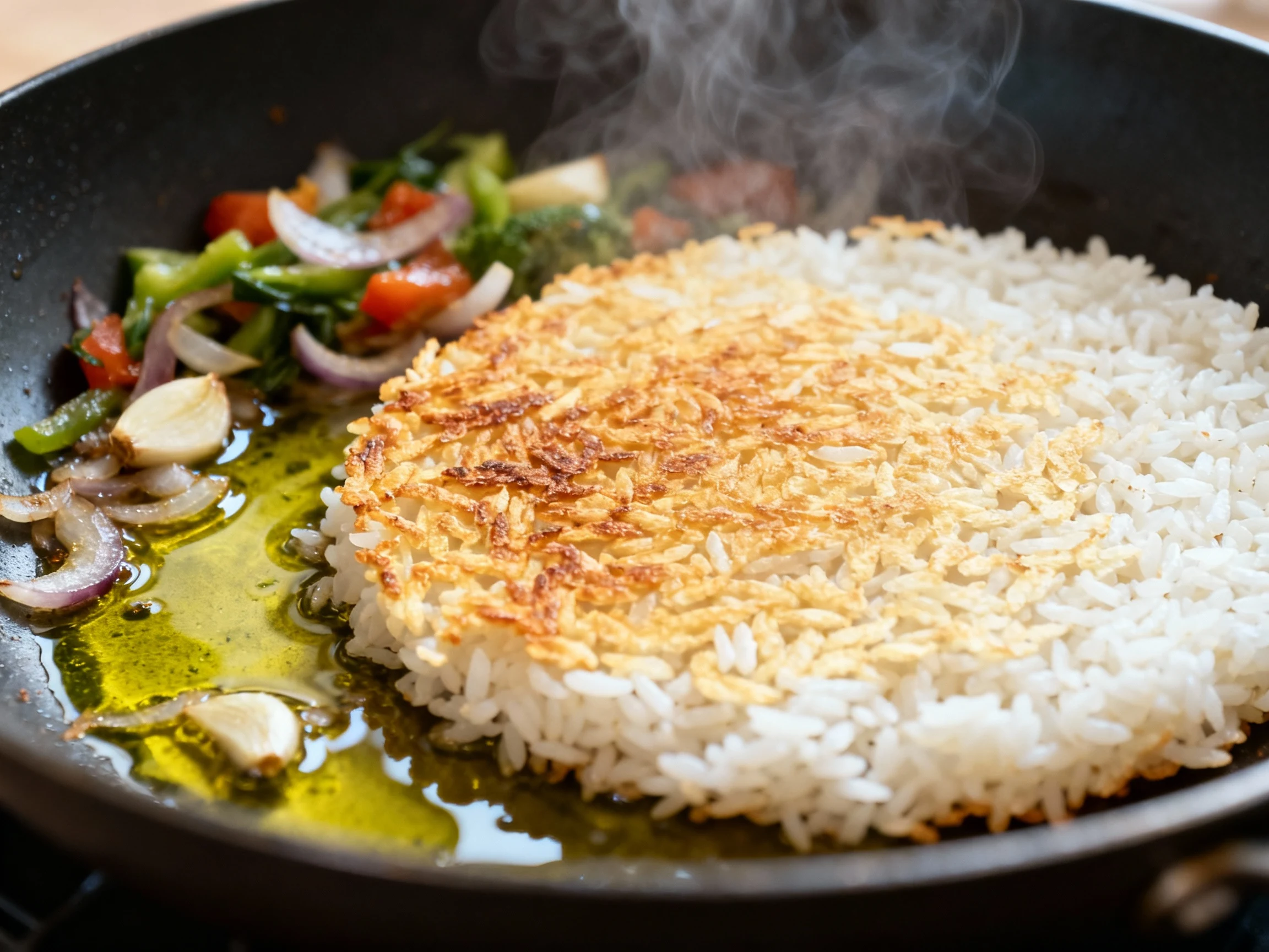 Food photography, Close-up of cold day-old rice crisping in an even layer in a hot skillet, veggies pushed aside; golden