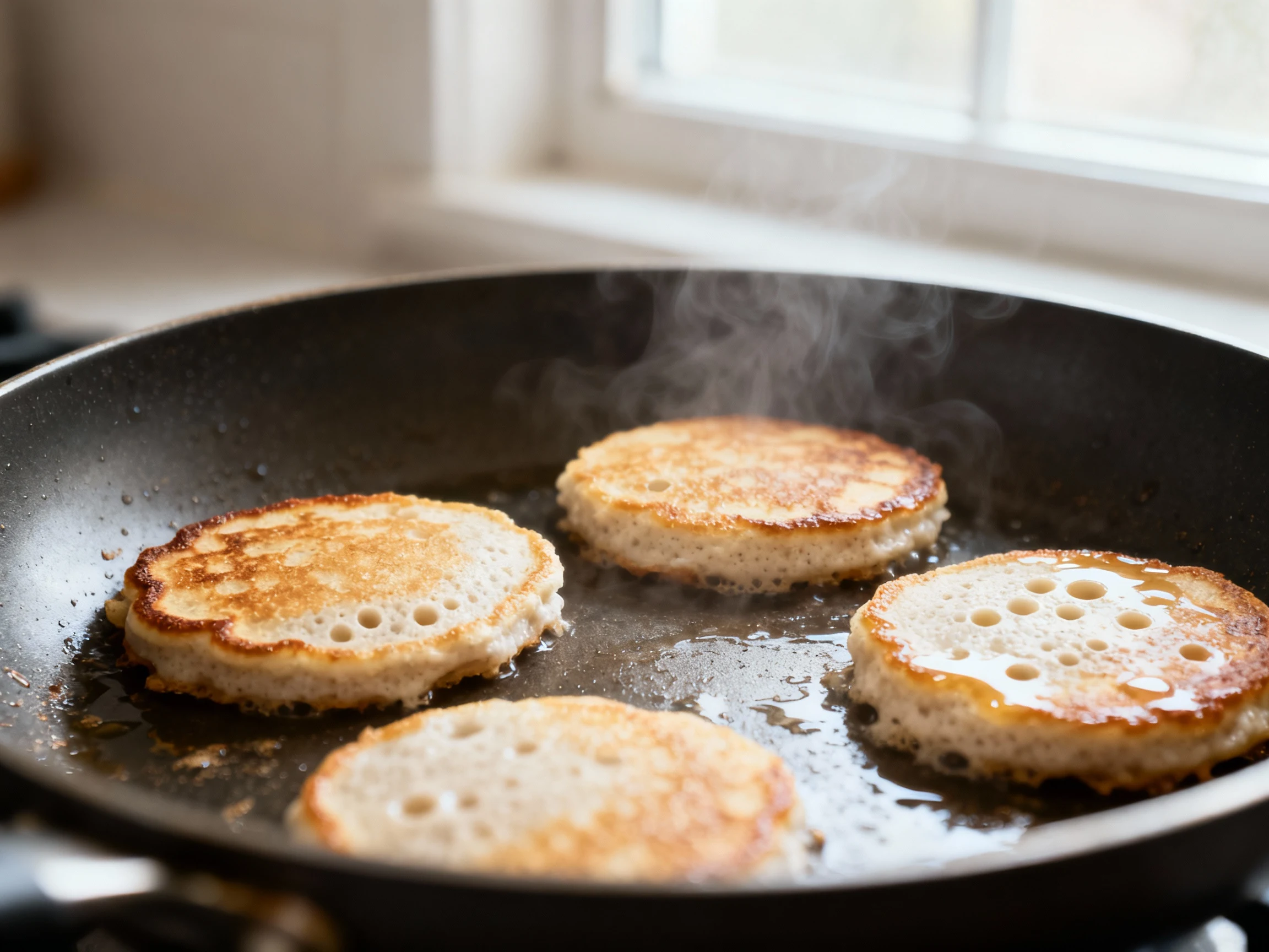Food photography, Coconut flour pancakes in a lightly greased nonstick skillet on medium-low, 1/4-cup rounds with golden