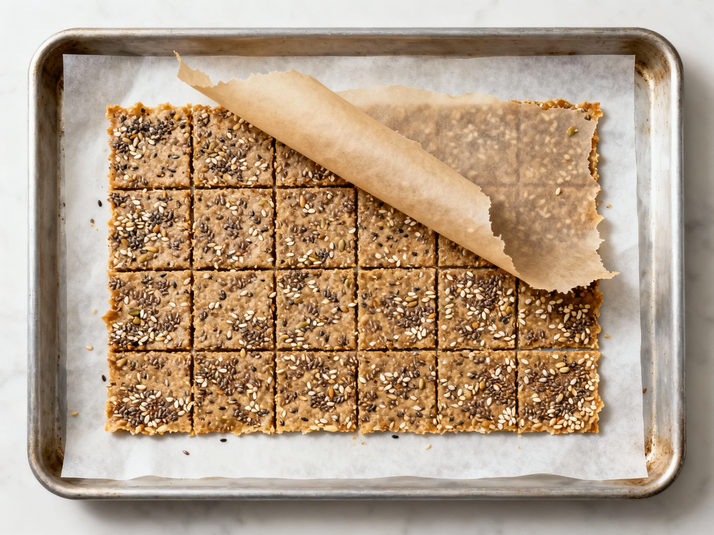 Food photography, 1. Ultra-crispy everything flax crackers rolled 1–2 mm thin between parchment, top sheet peeled back t