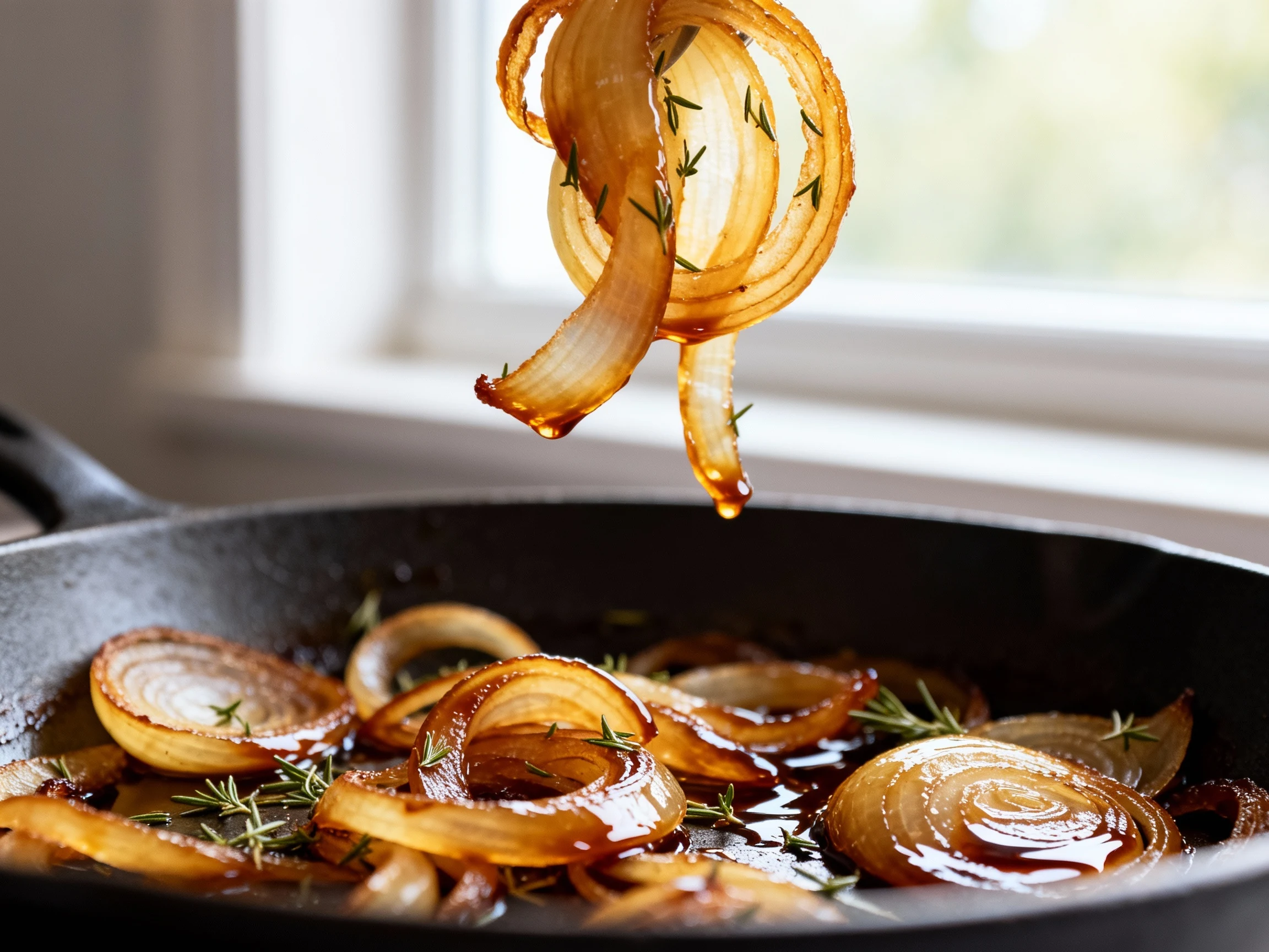 Food photography, Close-up of deep golden caramelized onion ribbons in a stainless skillet, balsamic sheen and thyme fle