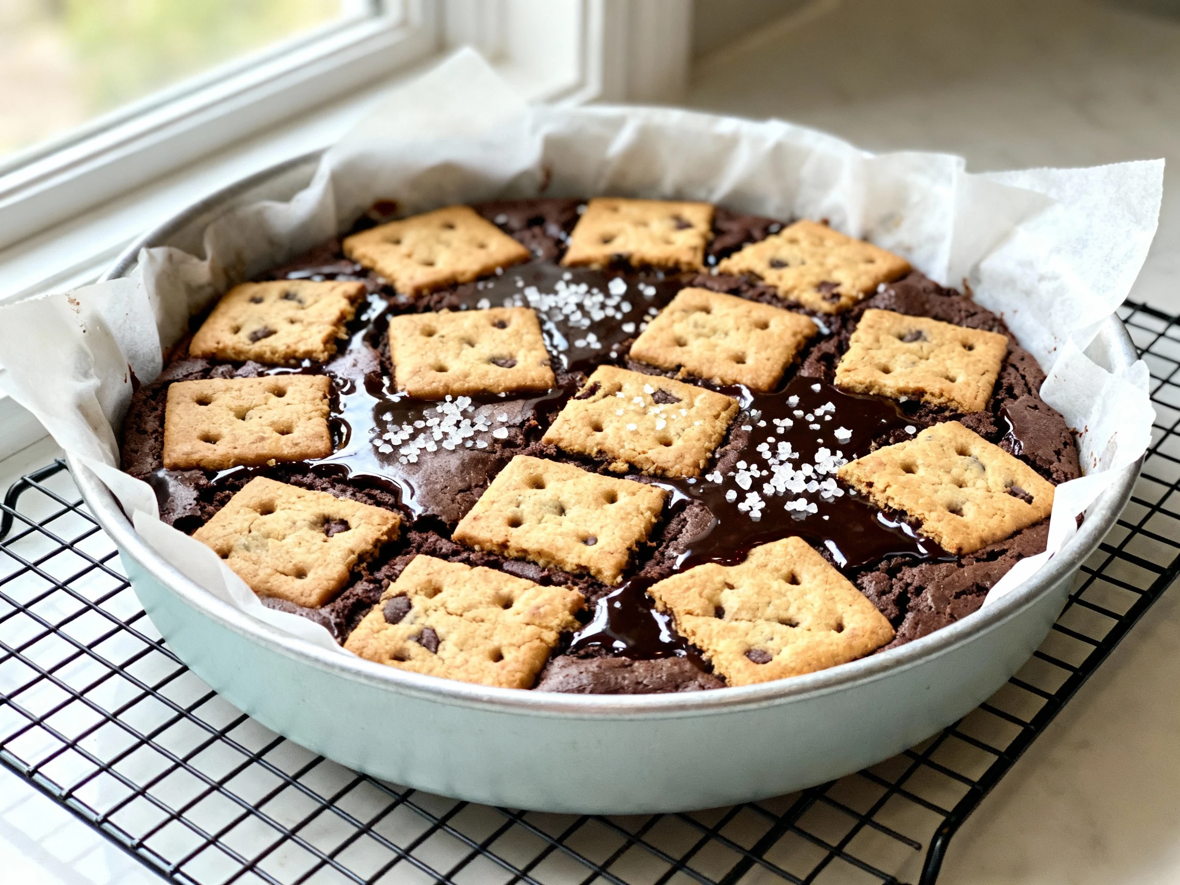 Food photography, Overhead shot of freshly baked brookies in a parchment-lined 9-inch light-colored metal pan on a cooli