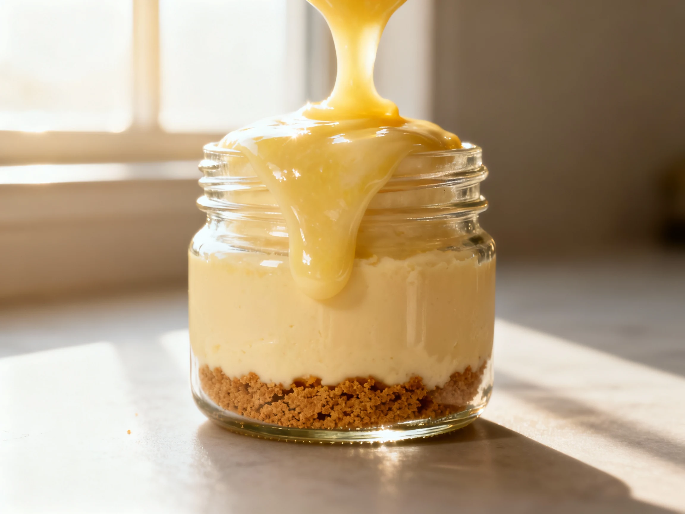 Food photography, 1. No-Bake Berry Cheesecake Cups being assembled: spoonful of lemon‑vanilla cheesecake filling cascadi