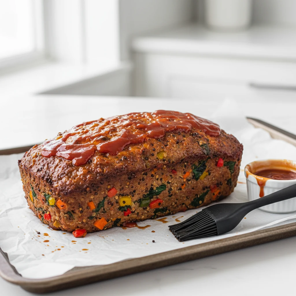 Food photography, Close-up of the cooked turkey–quinoa veggie meatloaf as a free-standing loaf on a parchment-lined shee