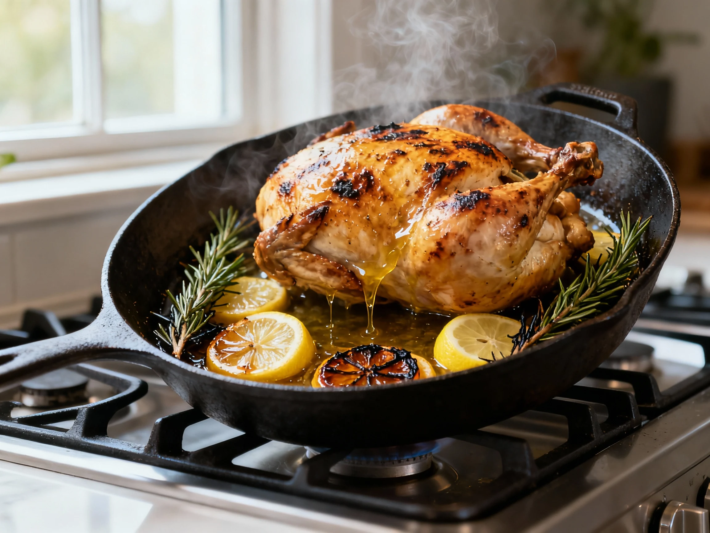 Food photography, Lemon–rosemary roast chicken, pan tilted in a cast-iron skillet to self-baste; golden, blistered skin 