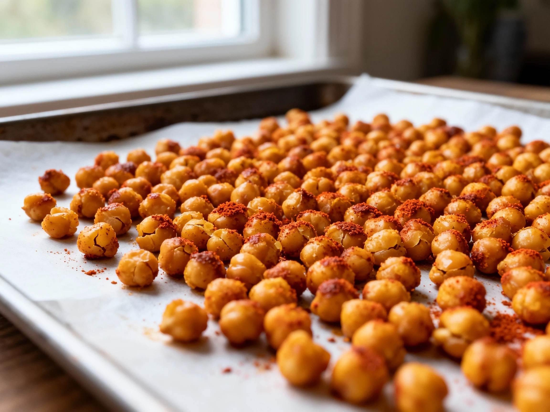 Food photography, 1. Cooking process: roasted chickpeas crisped with paprika on a parchment-lined sheet pan, golden and 