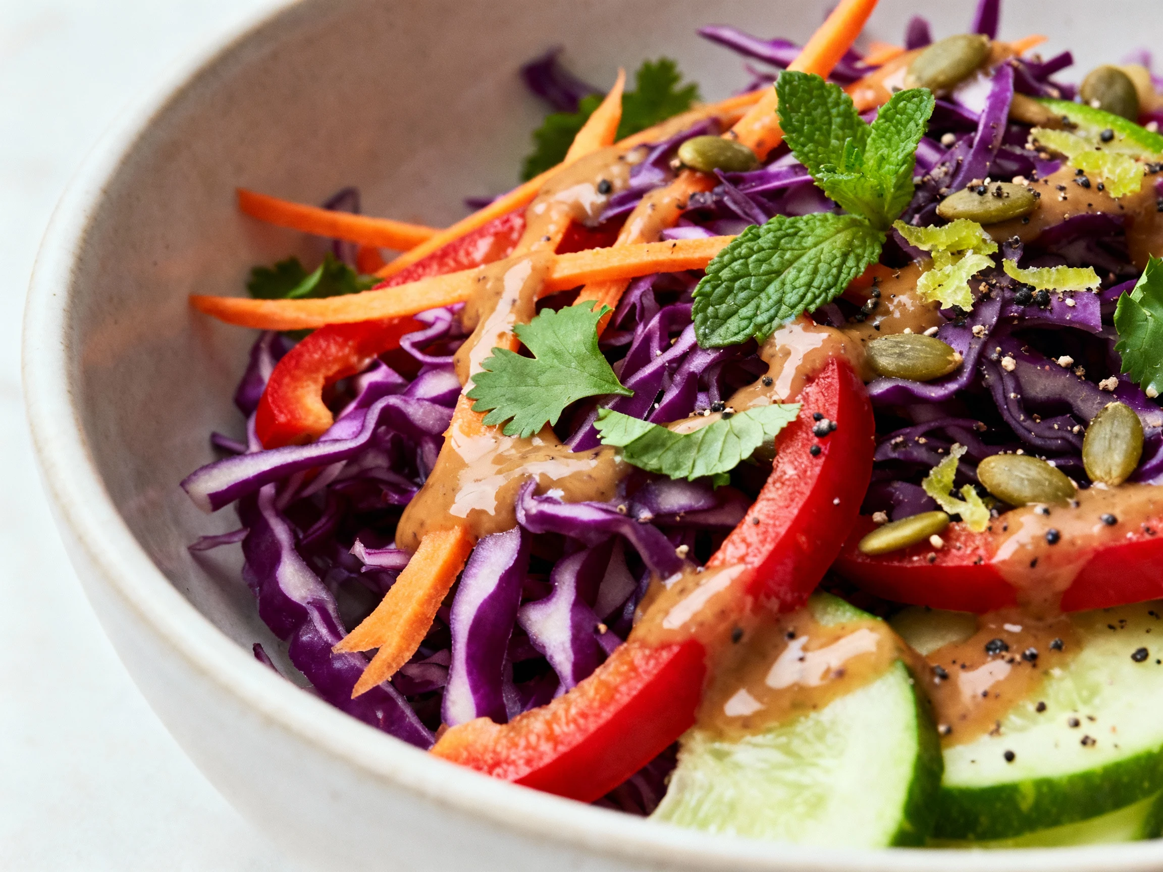 Food photography, Close-up detail: Rainbow Crunch Salad just after tossing—glossy ginger–lime date dressing clinging to 