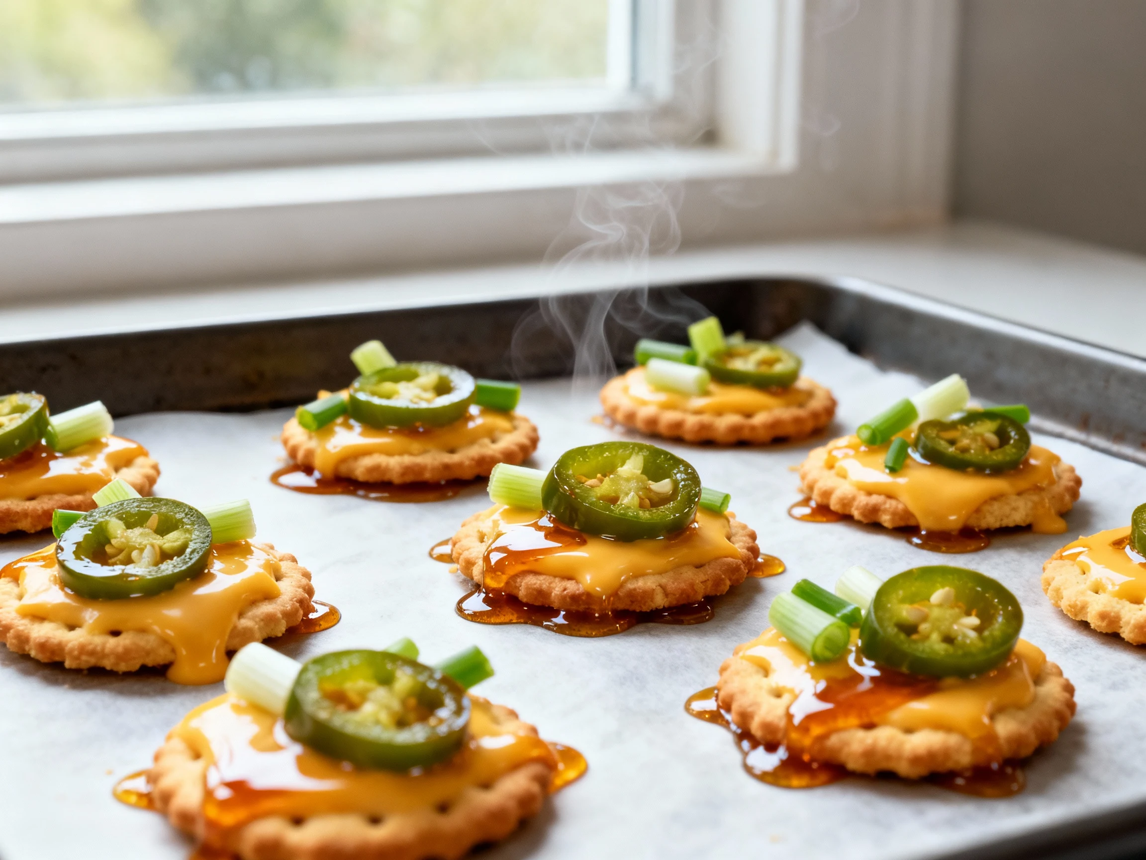 Food photography, Cheddar jalapeño & scallion Ritz bites just out of the broiler on a parchment-lined sheet pan—cheese s