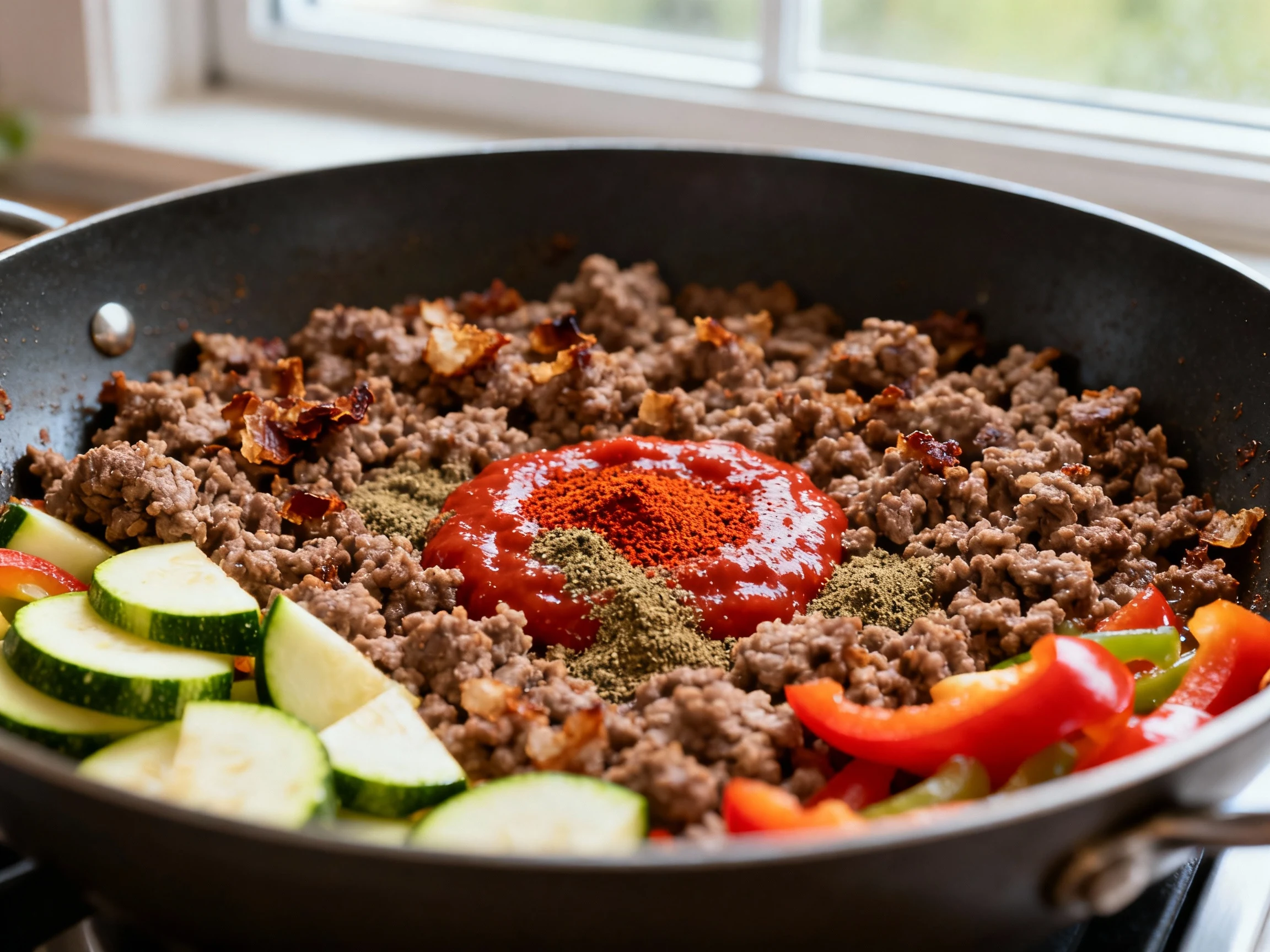 Food photography, Close-up of taco-seasoned 80/20 ground beef browning with crispy bits in a large skillet, tender zucch