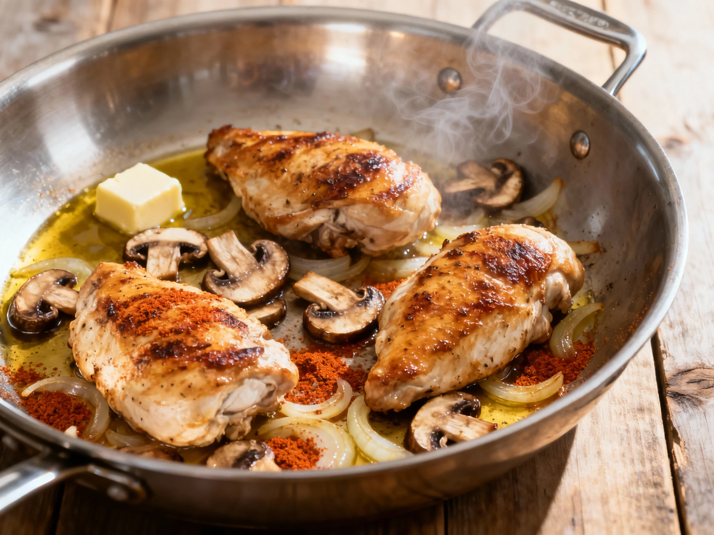 Food photography, 1. Chicken and sliced cremini mushrooms searing in a large stainless-steel skillet with butter and oli