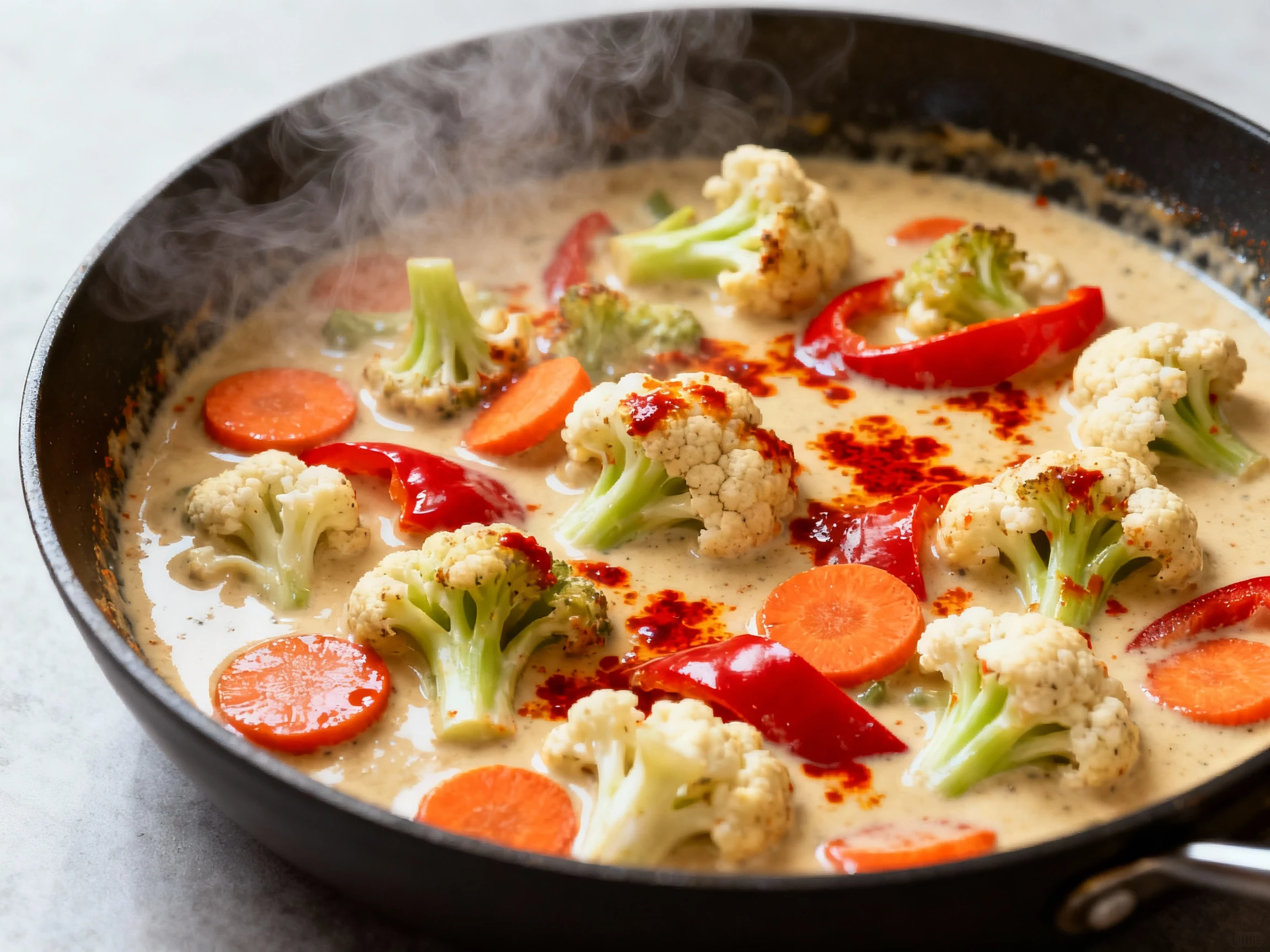 Food photography, Steamy skillet of One-Pan Creamy Coconut Veggie Curry gently simmering—cauliflower florets, carrot coi