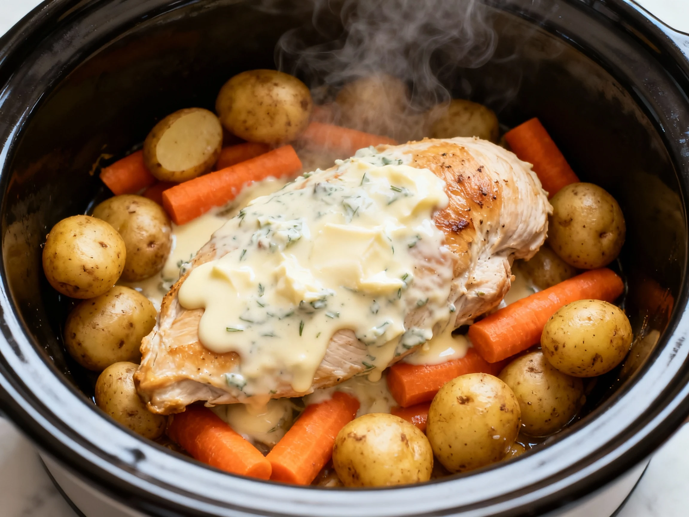 Food photography, Overhead cooking process: slow cooker Creamy Ranch chicken breasts in a single layer, cream cheese mel