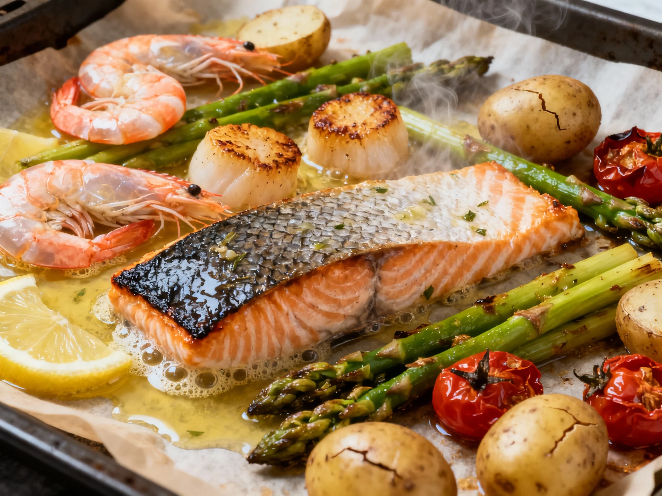 Food photography, Just-out-of-oven sheet-pan lemon-garlic seafood medley: skin-on salmon, pink shrimp, springy scallops,
