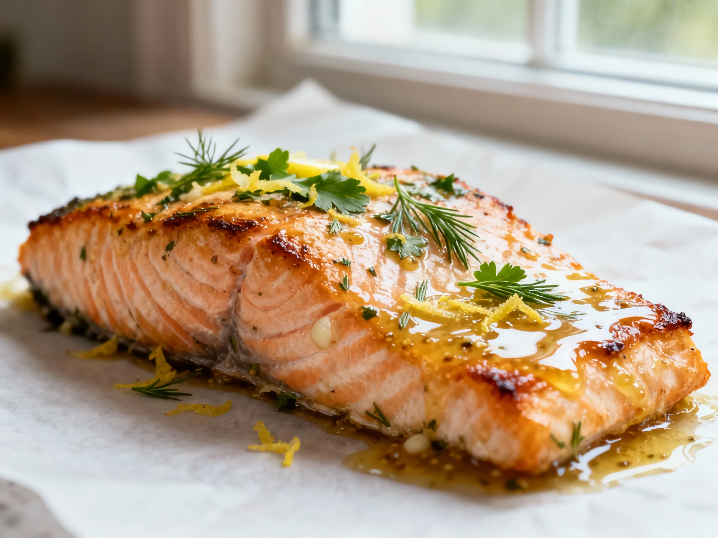 Food photography, 1. Close-up of lemon-herb roasted salmon with crisp, golden edges and a glossy medium center, flecks o