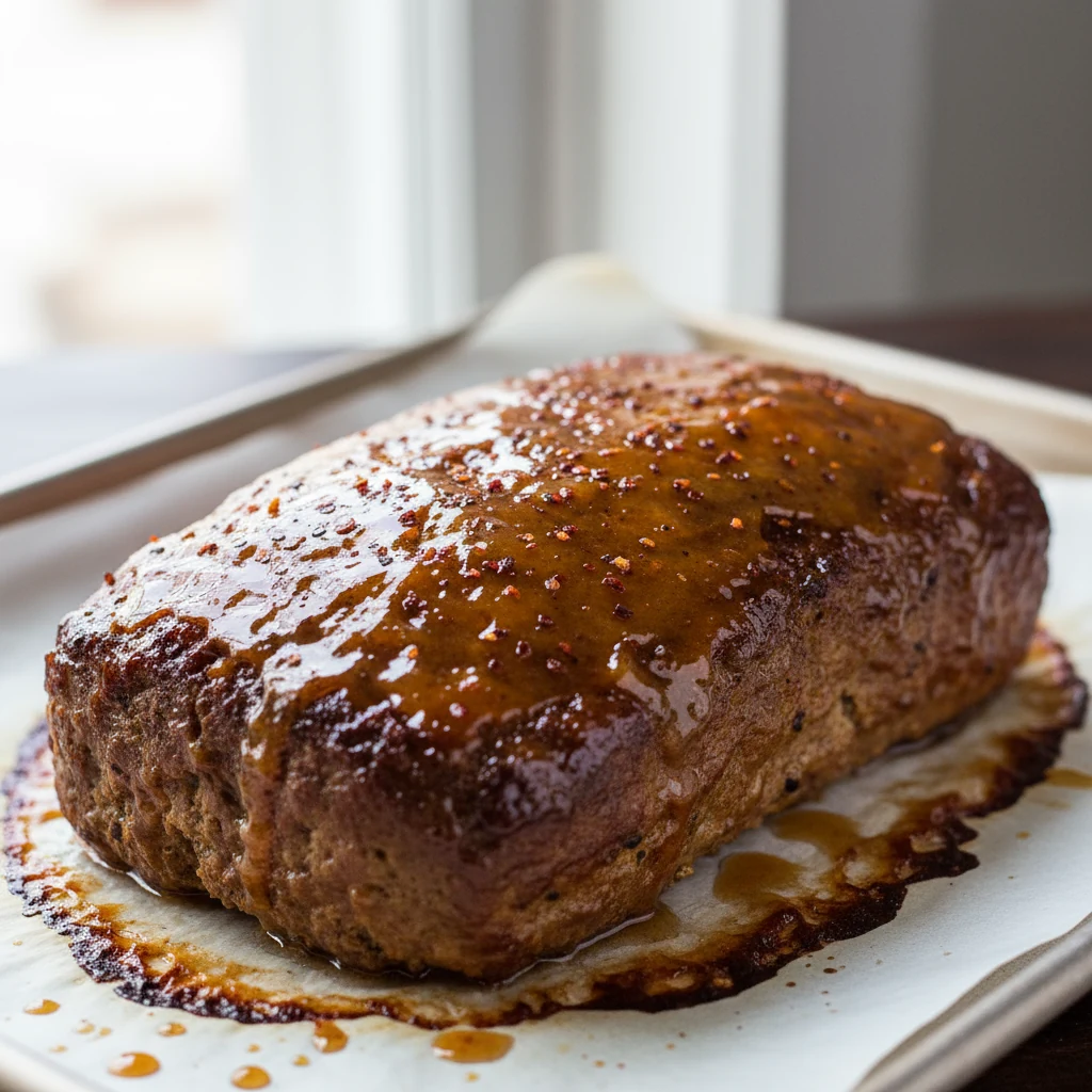 Food photography, Close-up of the bison meatloaf under the final glaze + broil: sweet potato–maple glaze bubbling and li