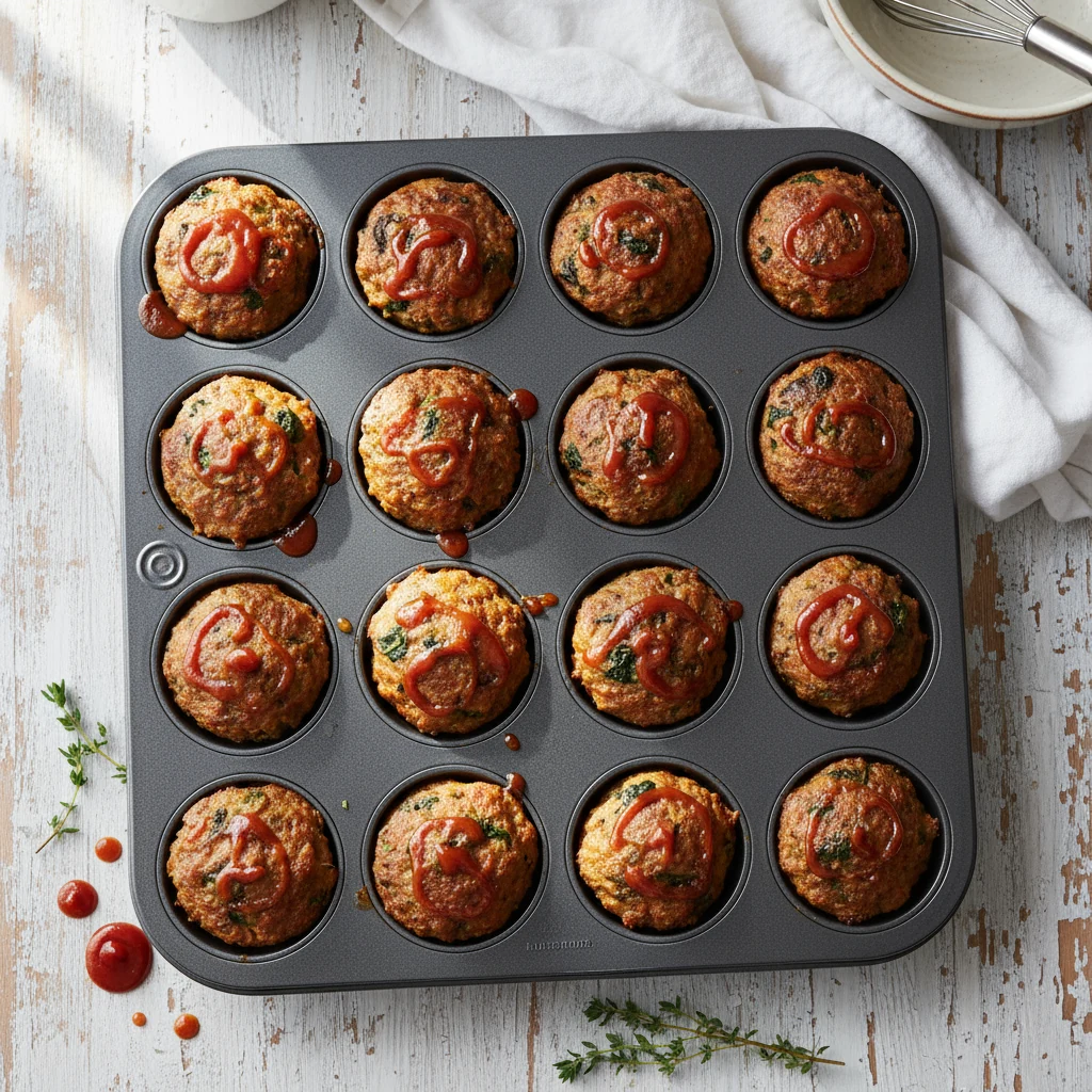 Food photography, Overhead shot of a 12-cup muffin tin with baked Spinach & Mushroom Turkey Meatloaf Minis, thin ketchup