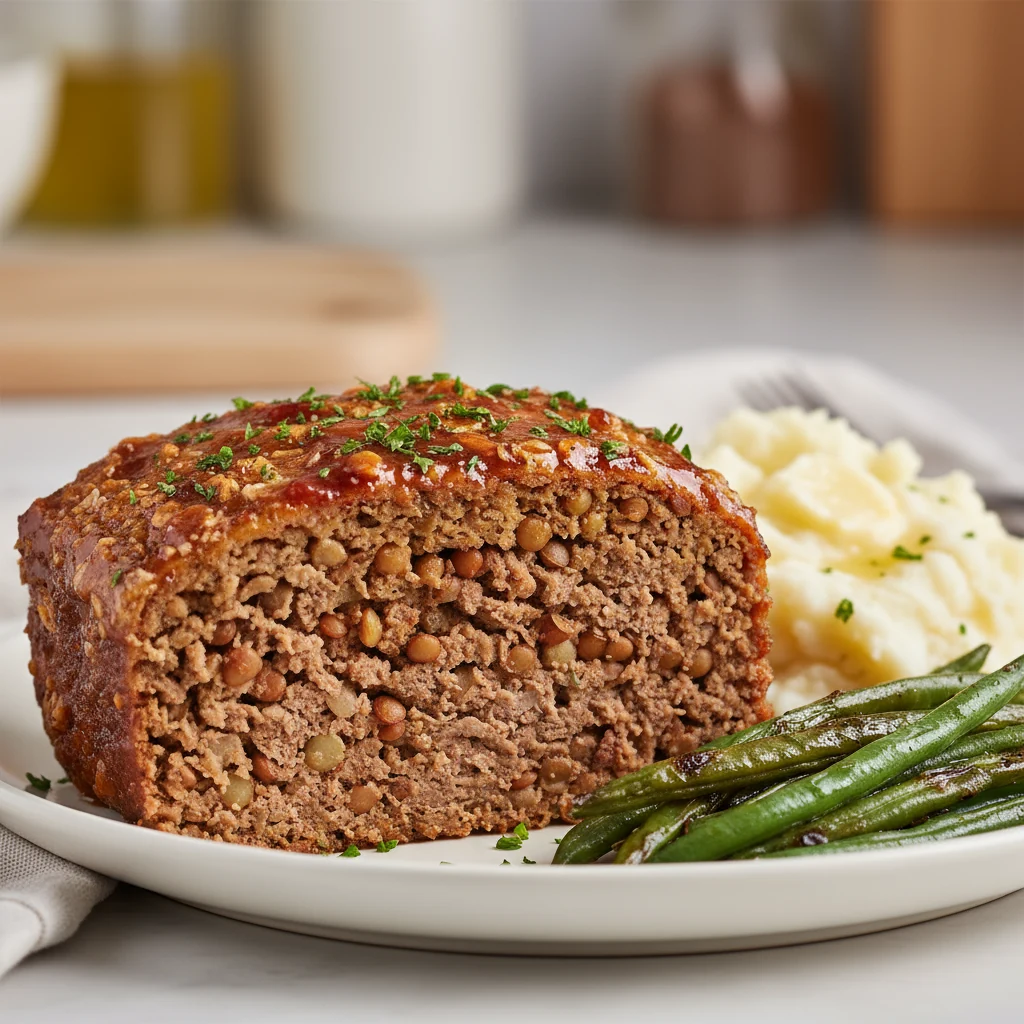 Food photography, Close-up of a sliced lentil-boosted beef meatloaf: juicy beef-lentil cross-section, crunchy golden oat