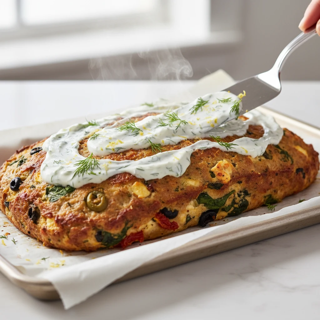 Food photography, Close-up, three-quarter angle of a freeform Mediterranean chicken meatloaf just baked on a parchment-l