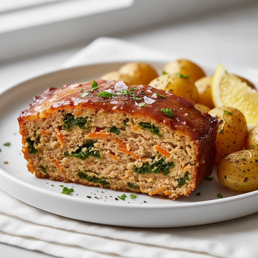 Food photography, Close-up of sliced Kale & Carrot Chicken Meatloaf on a white plate, juicy interior with orange carrot 