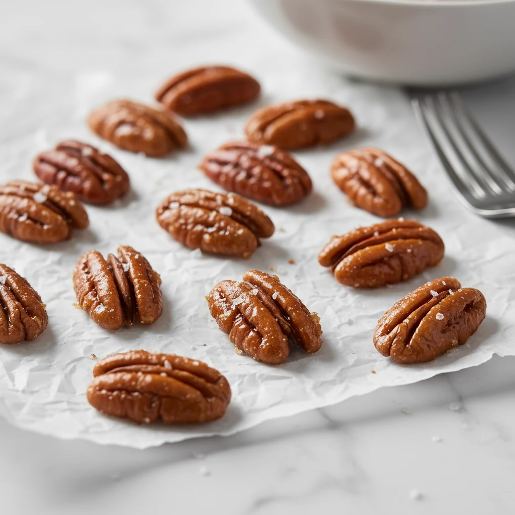 Food photography, Close-up process shot of candied pecans just cooled on parchment for the Pear, Gorgonzola & Candied Pe