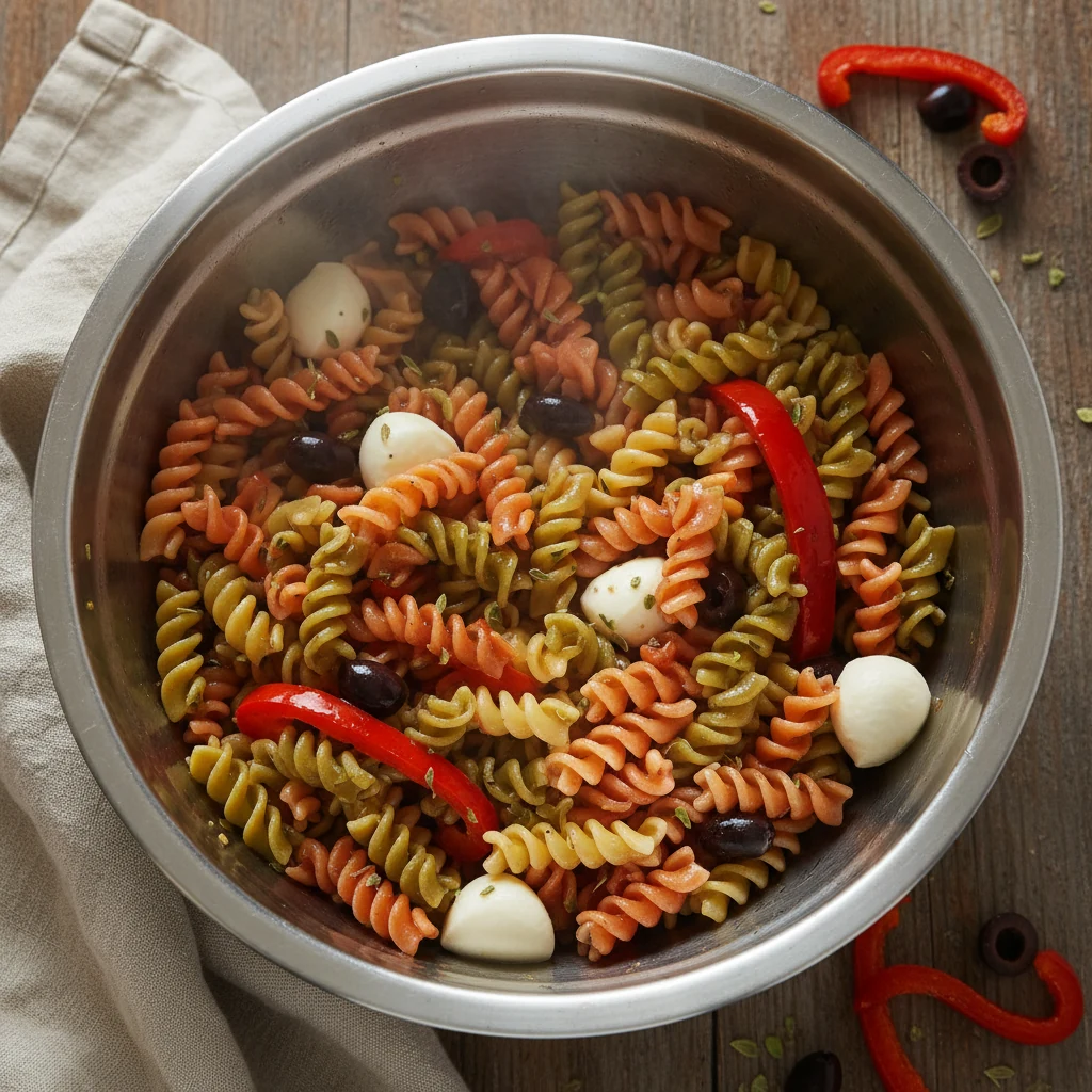 Food photography, Overhead cooking process shot: warm al dente tri‑color rotini just tossed with glossy red‑wine–lemon D
