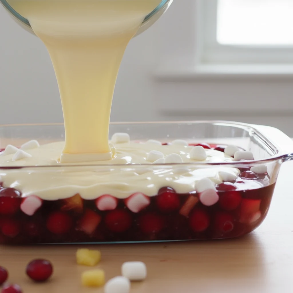 Food photography, Close-up process shot: creamy vanilla–lime sour cream gelatin being gently poured (over the back of a 