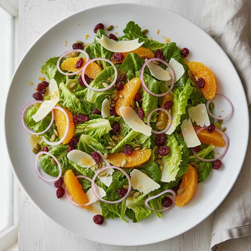Food photography, Overhead shot of Citrus Cranberry Parmesan holiday lettuce salad on a wide matte-white platter: crisp 