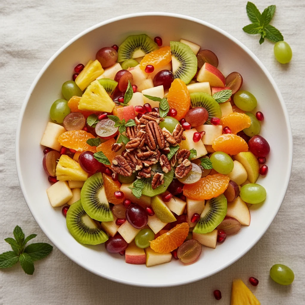 Food photography, Overhead shot of citrus-ginger Christmas fruit salad glistening in a wide matte white serving bowl: pi