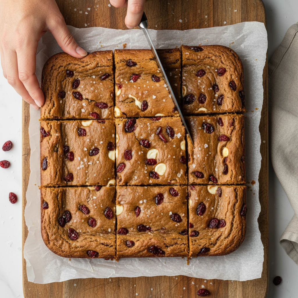 Food photography, Overhead shot of cooled Gingerbread Blondies lifted by parchment onto a wooden board, being cleanly sl