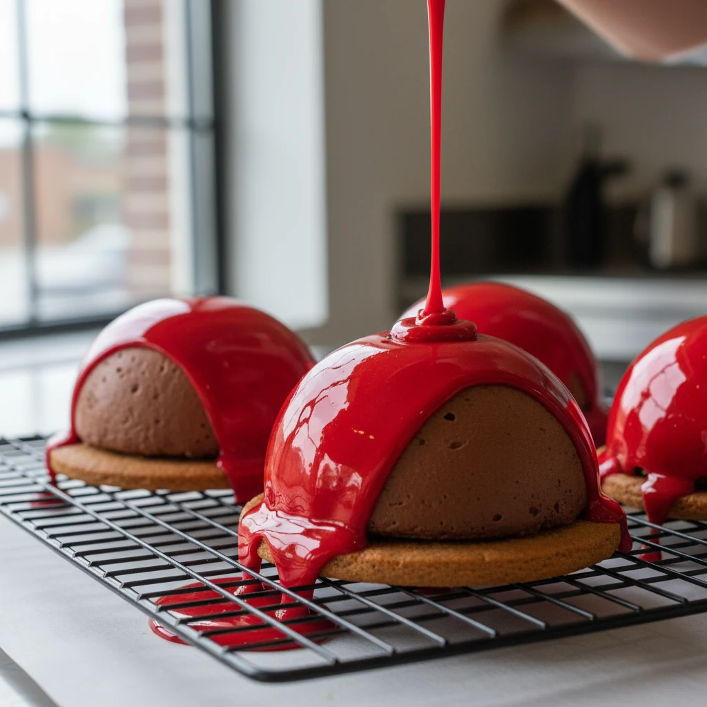 Food photography, Close-up process shot: Frozen chocolate–hazelnut mousse domes with gingerbread cookie bases on a wire 