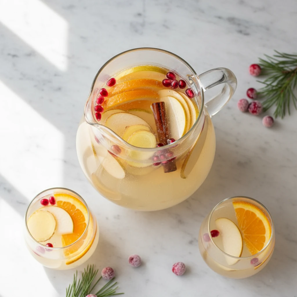 Food photography, Overhead shot of prepared White Winter Sangria in a clear glass pitcher with two stemless glasses, pal